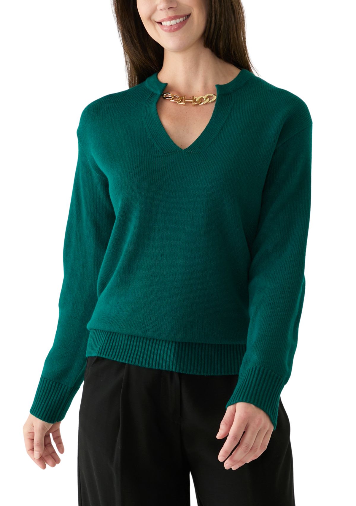 Womens Long Sleeve Logo Hardware V-Neck Sweater 