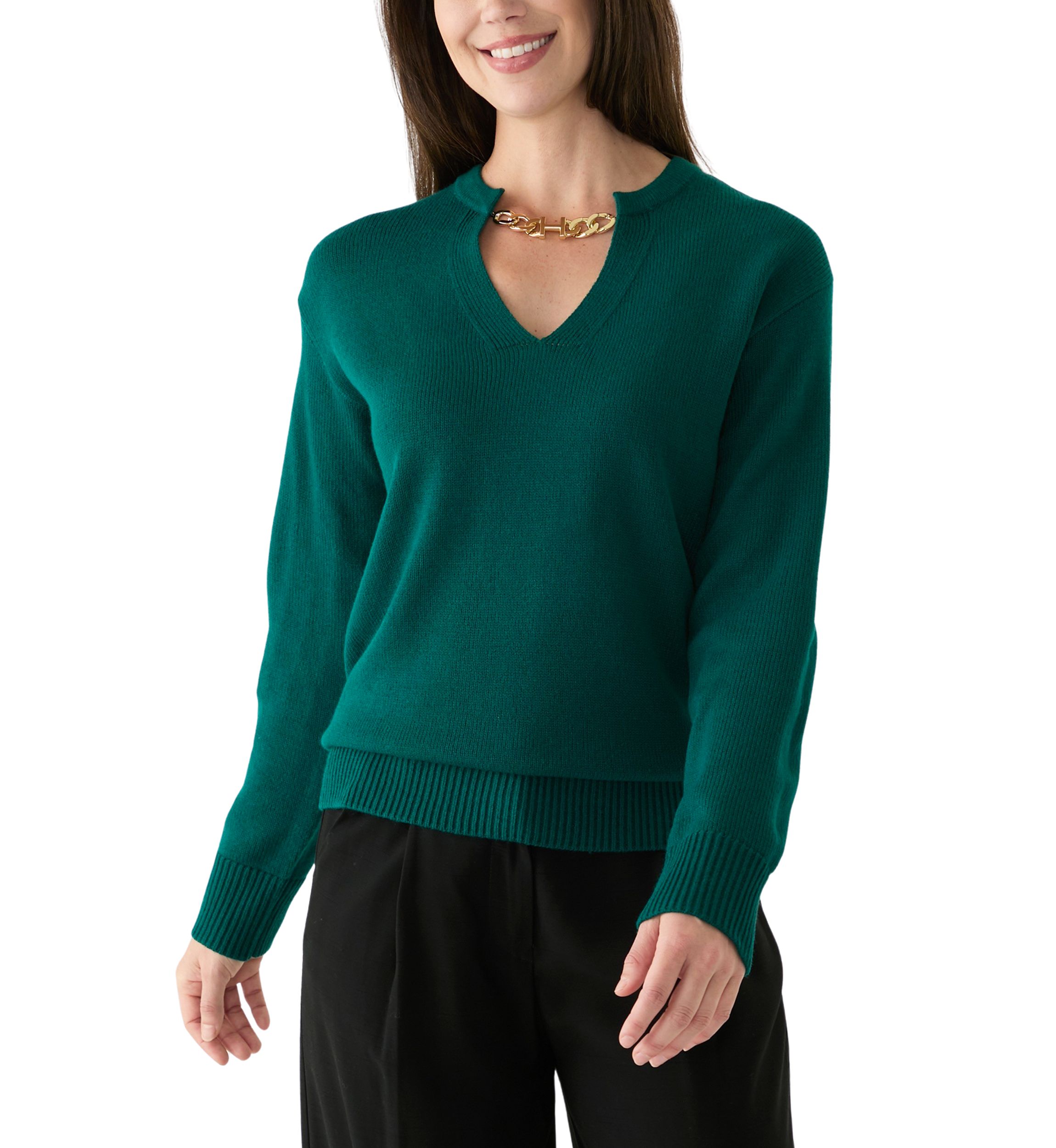 Womens Long Sleeve Logo Hardware V-Neck Sweater 
