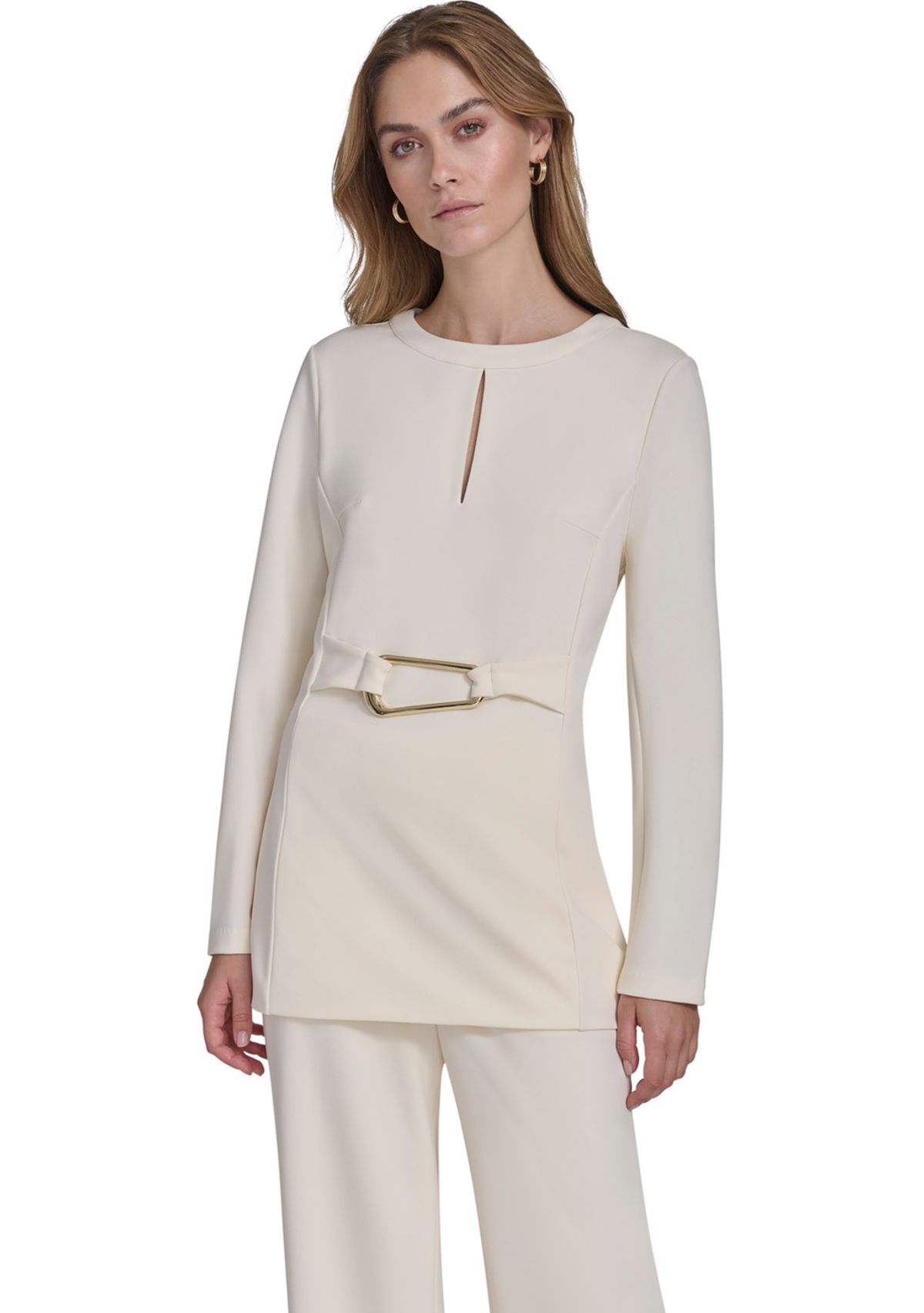 Womens Long Sleeve Split Neck Hardware Waist Tunic 