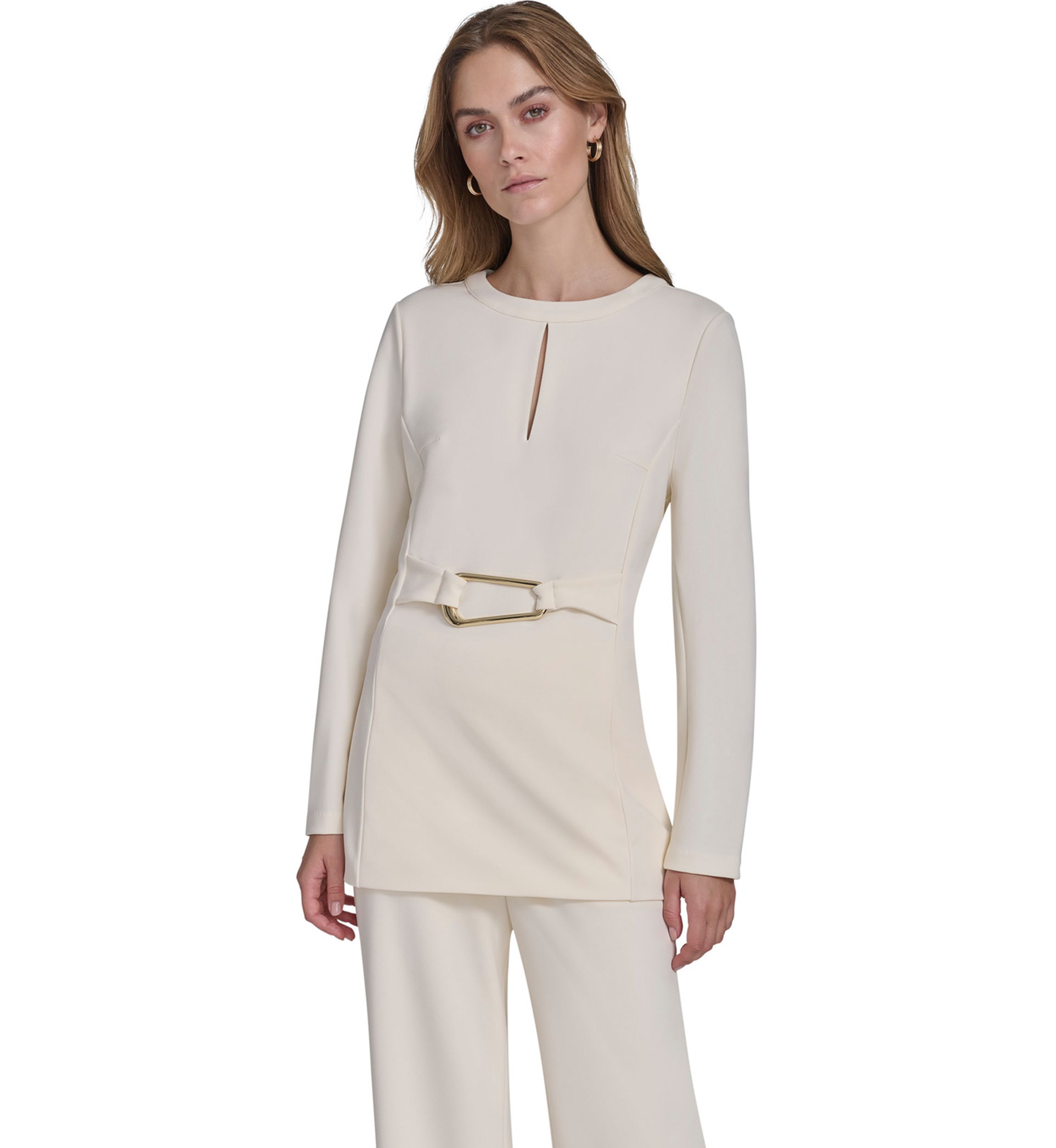 Womens Long Sleeve Split Neck Hardware Waist Tunic 