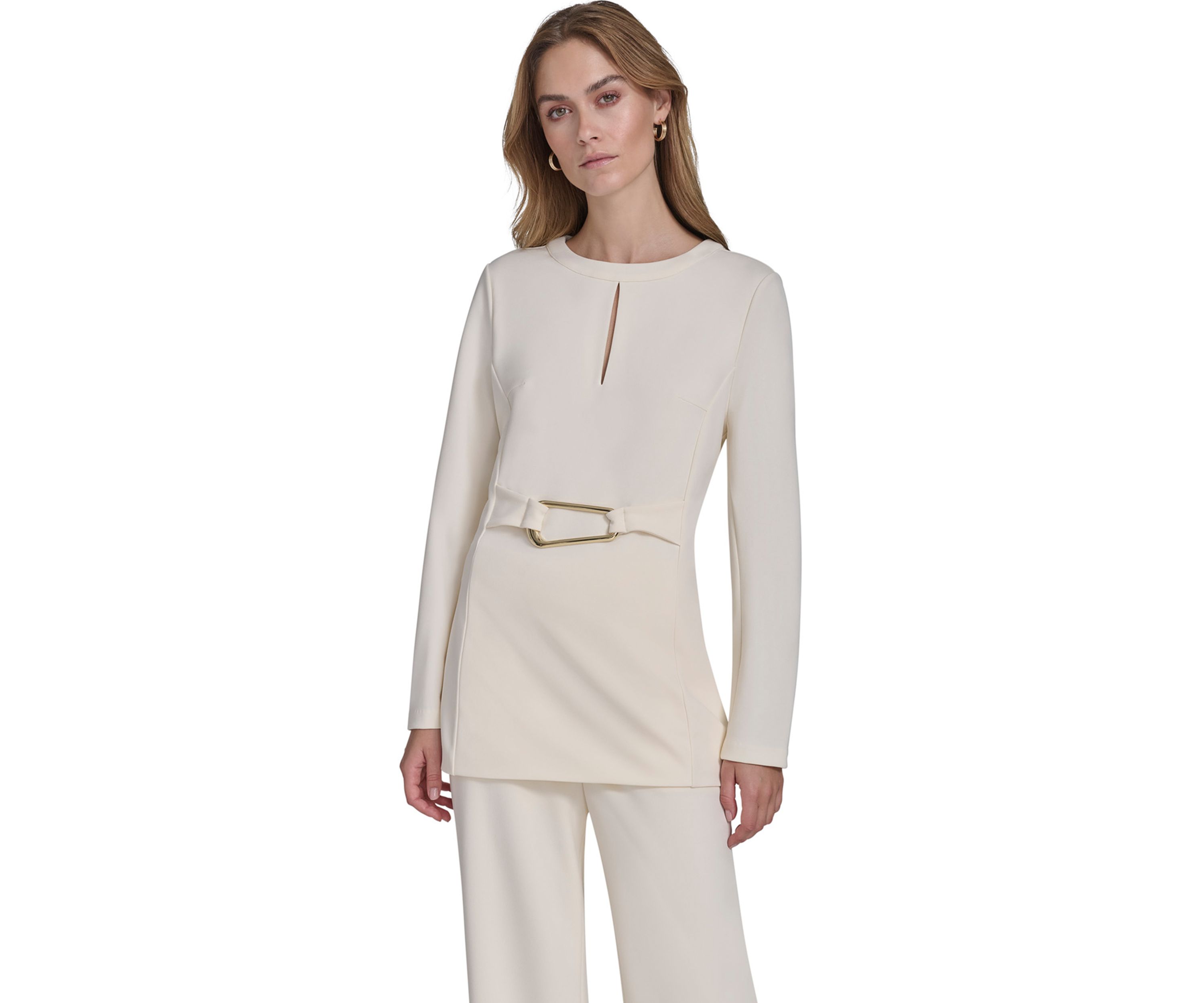 Womens Long Sleeve Split Neck Hardware Waist Tunic 