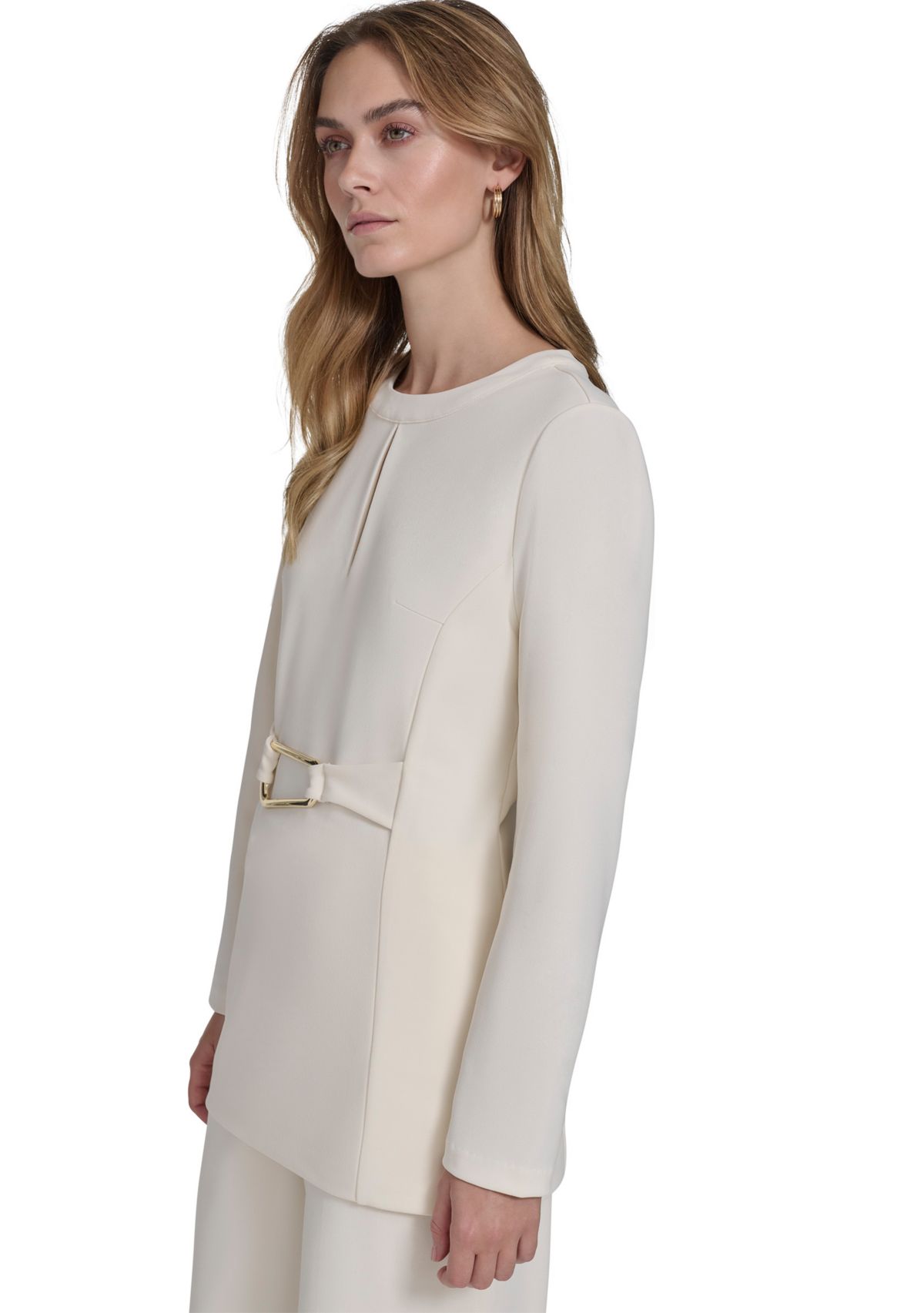 Womens Long Sleeve Split Neck Hardware Waist Tunic 