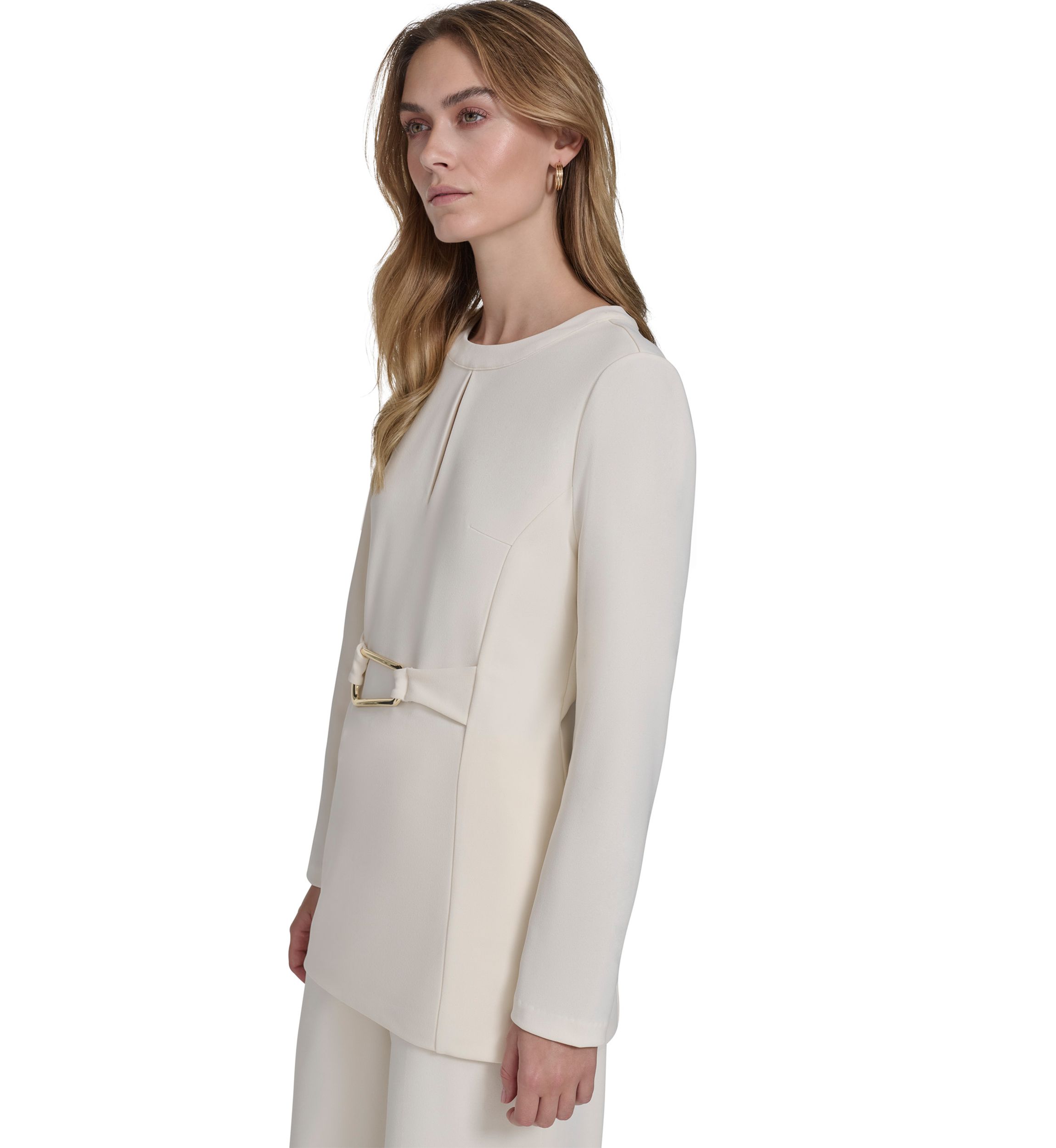 Womens Long Sleeve Split Neck Hardware Waist Tunic 