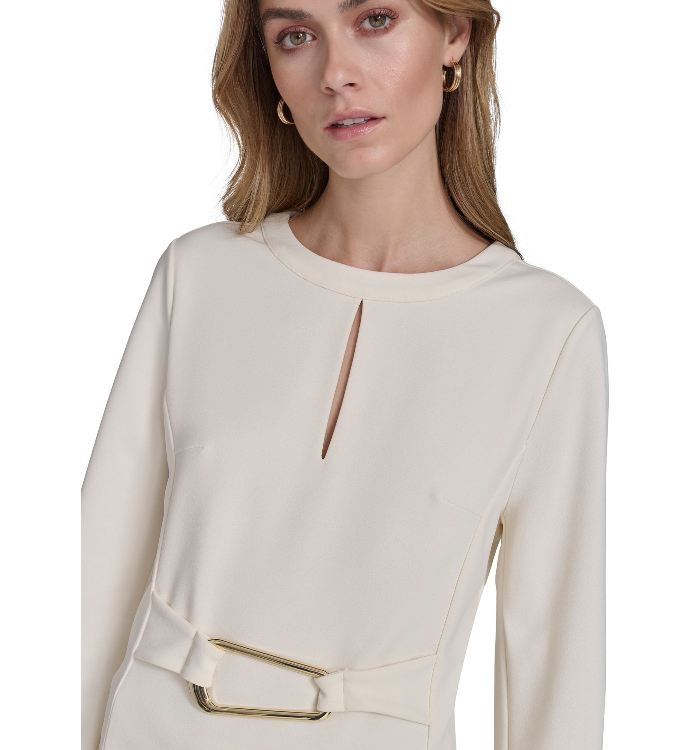 Womens Long Sleeve Split Neck Hardware Waist Tunic 