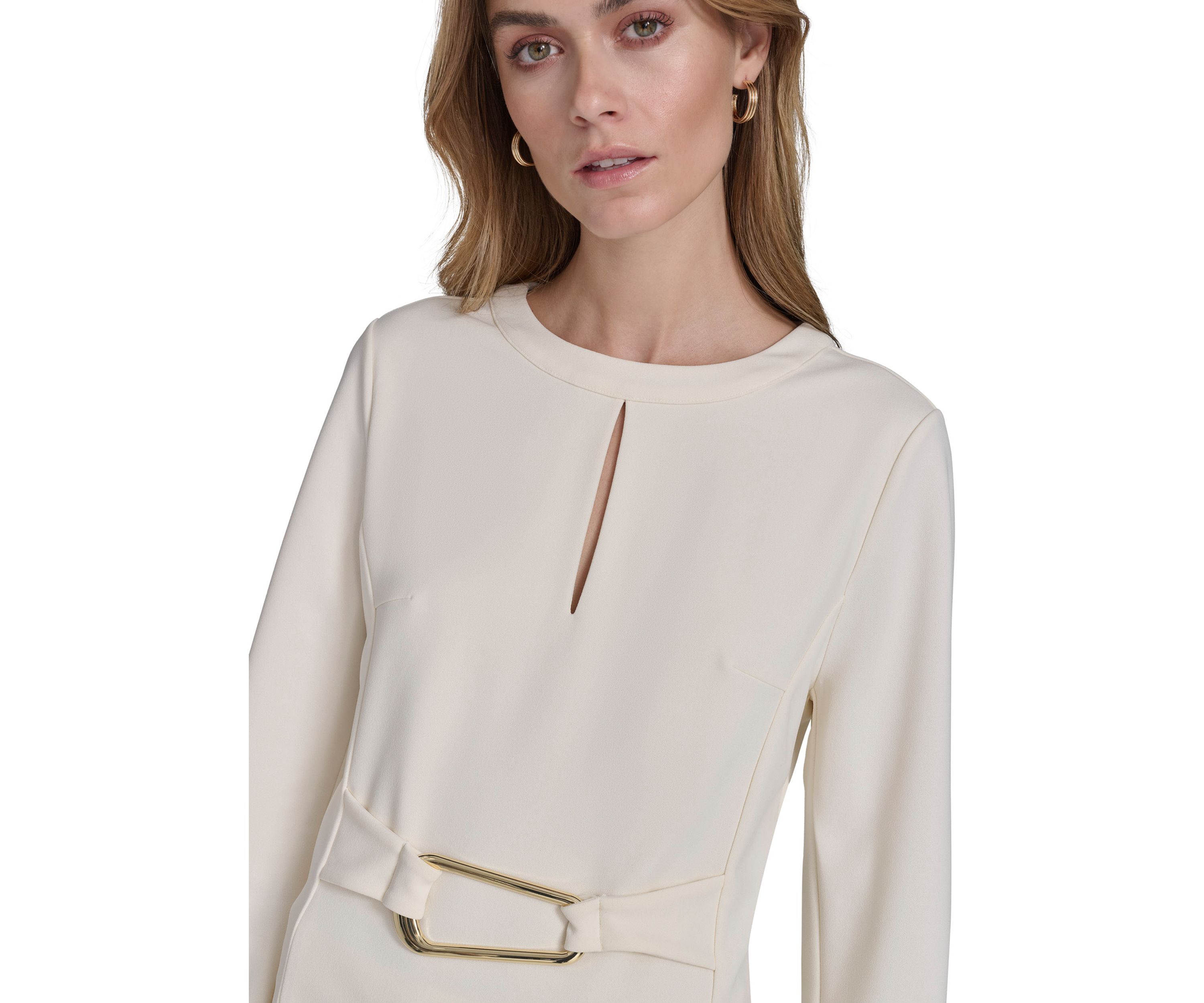 Womens Long Sleeve Split Neck Hardware Waist Tunic 