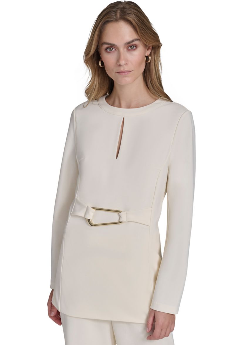 Womens Long Sleeve Split Neck Hardware Waist Tunic 
