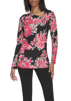 Halston Women's Long Sleeve Floral Asymmetric Neck Knit Top, Black, XS