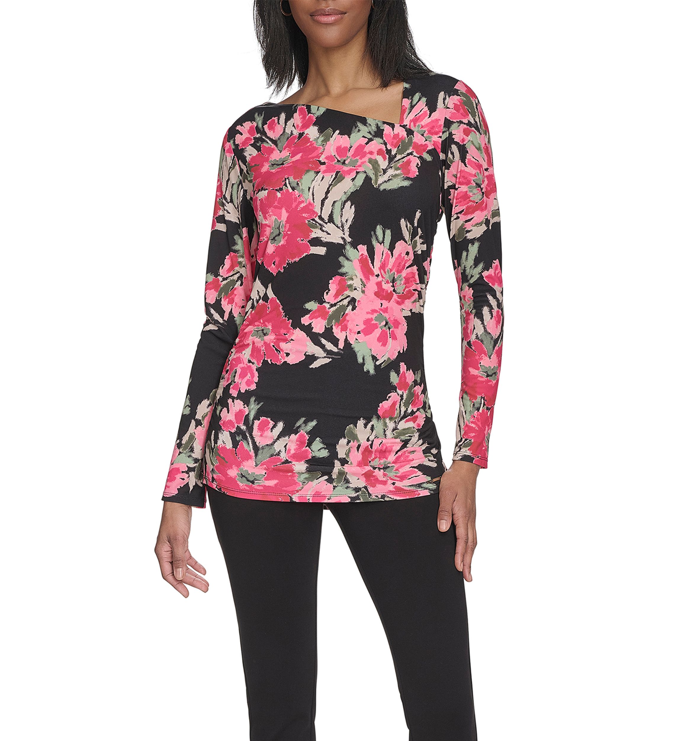 Long Sleeve Floral Asymmetric Neck Knit Top 