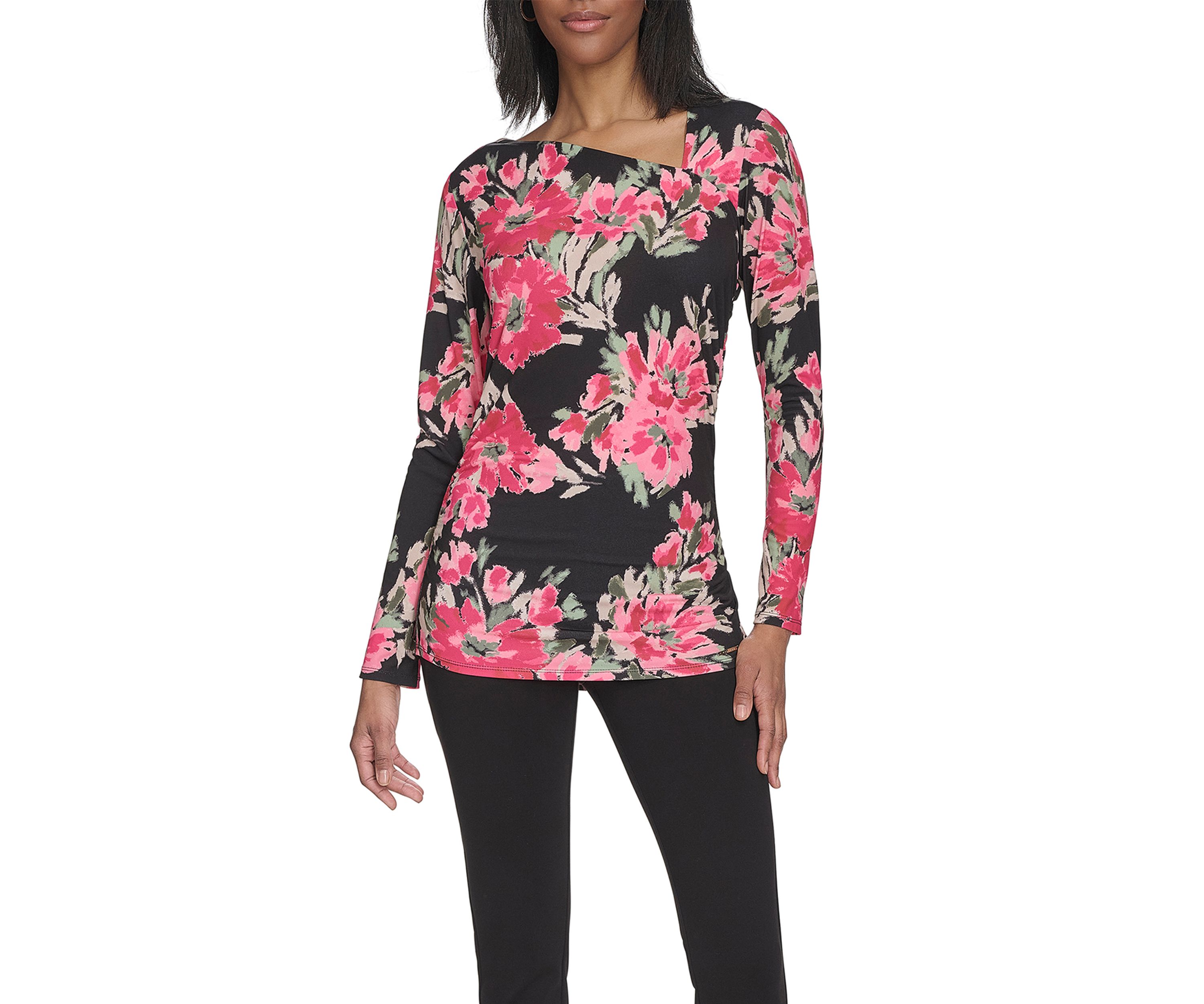 Long Sleeve Floral Asymmetric Neck Knit Top 