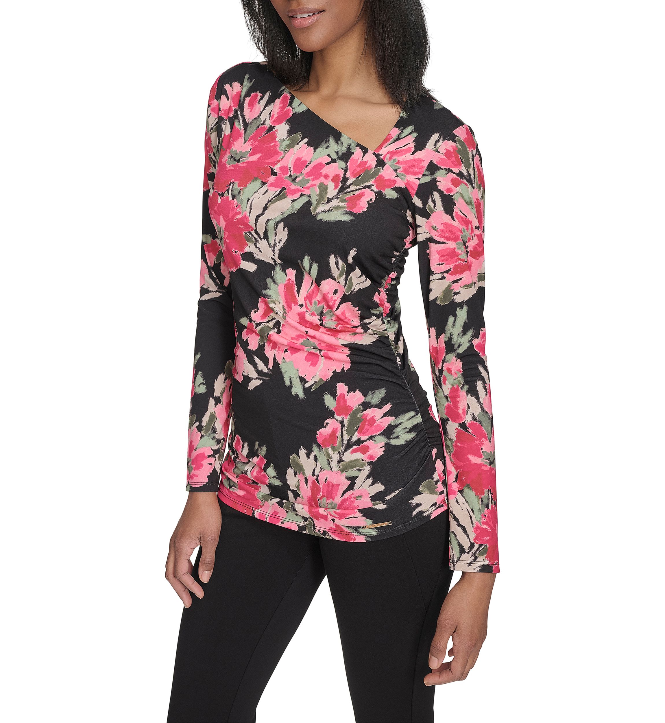 Long Sleeve Floral Asymmetric Neck Knit Top 