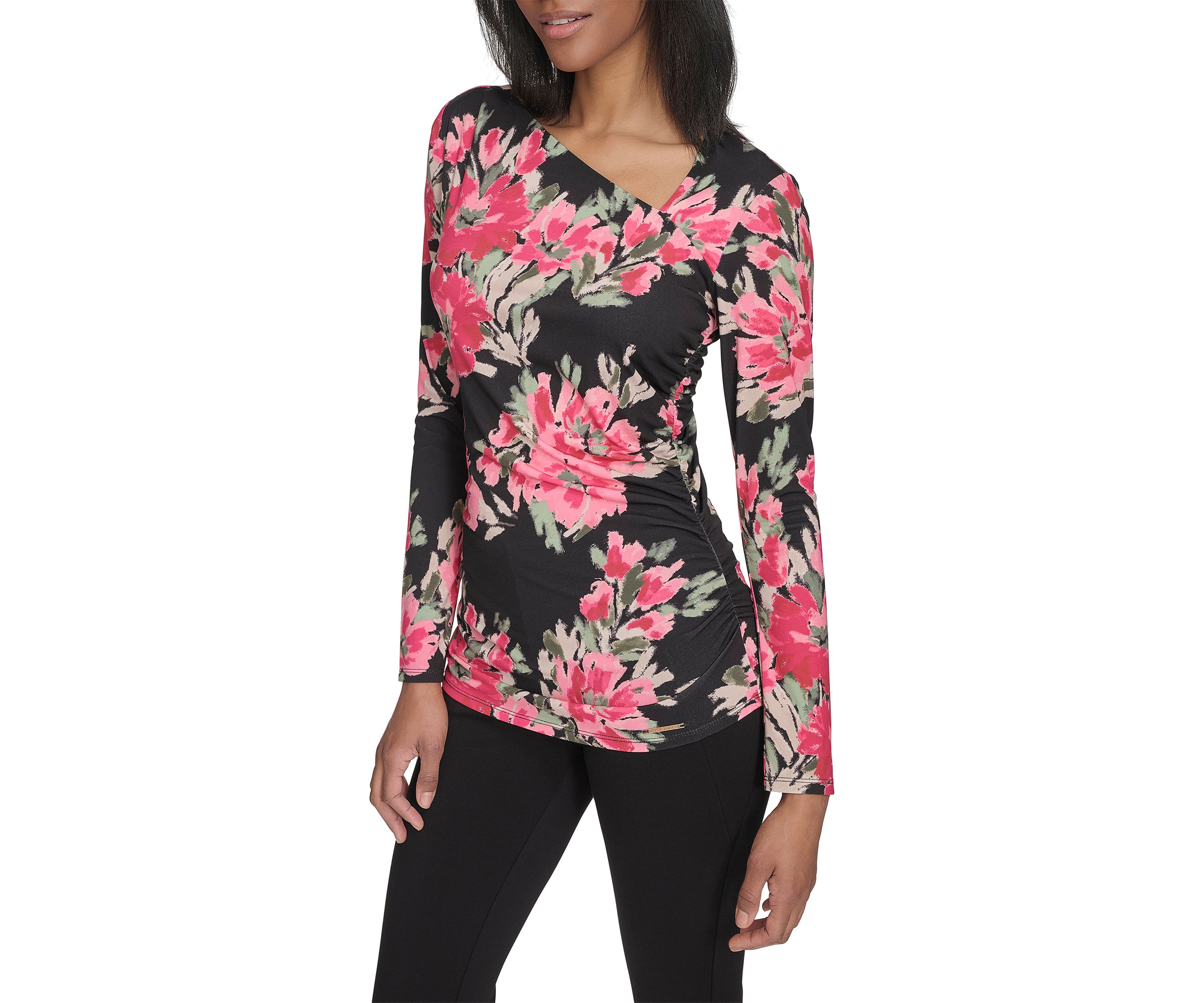 Long Sleeve Floral Asymmetric Neck Knit Top 