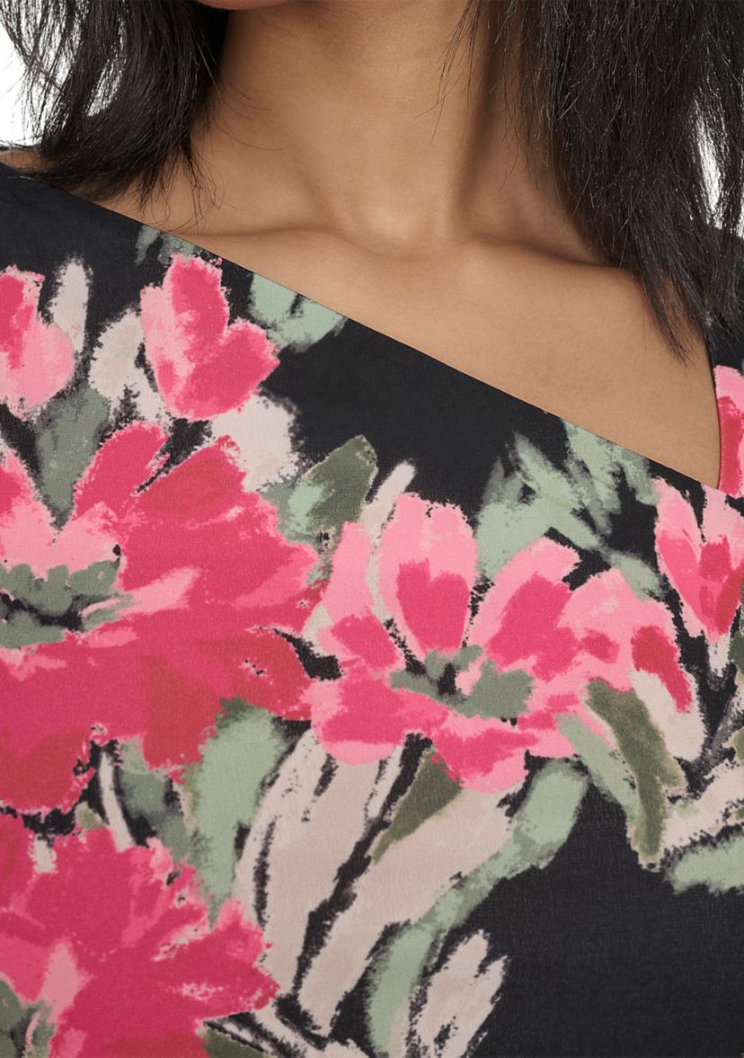 Long Sleeve Floral Asymmetric Neck Knit Top 