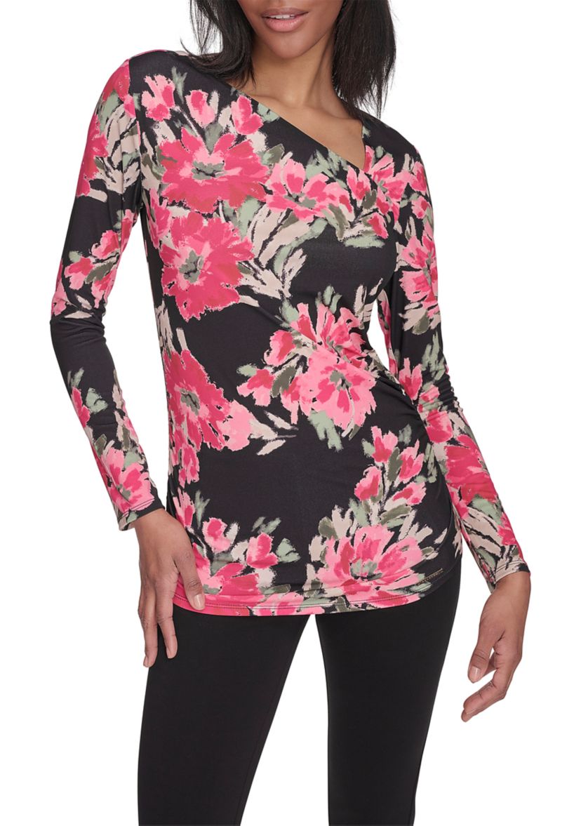 Long Sleeve Floral Asymmetric Neck Knit Top 