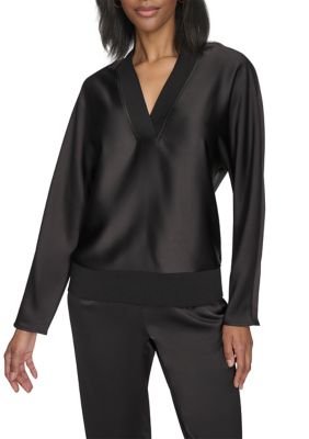 Halston Women's Long Sleeve V-Neck Ribbed Trim Satin Top, Black, Small