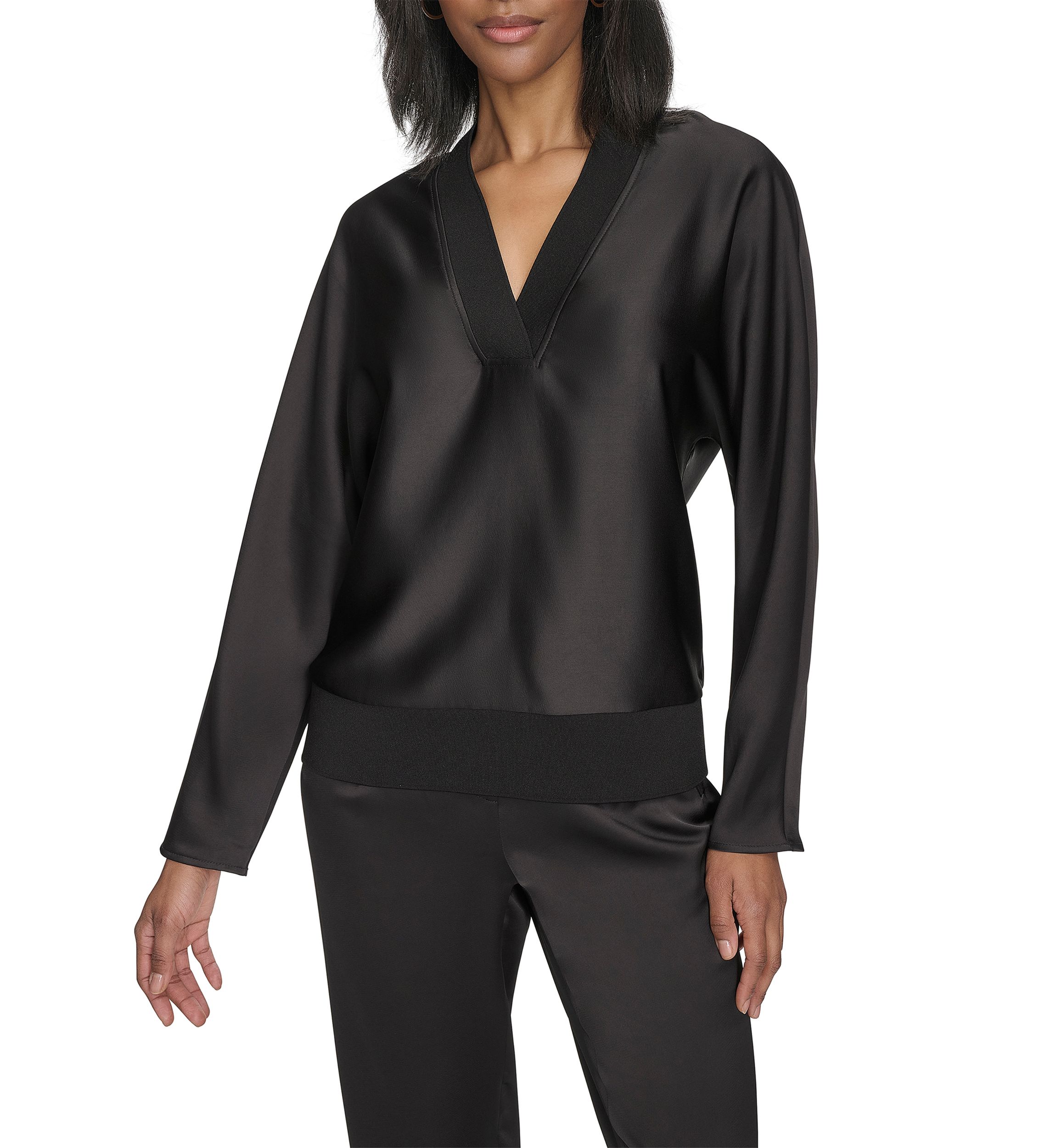 Long Sleeve V-Neck Ribbed Trim Satin Top 