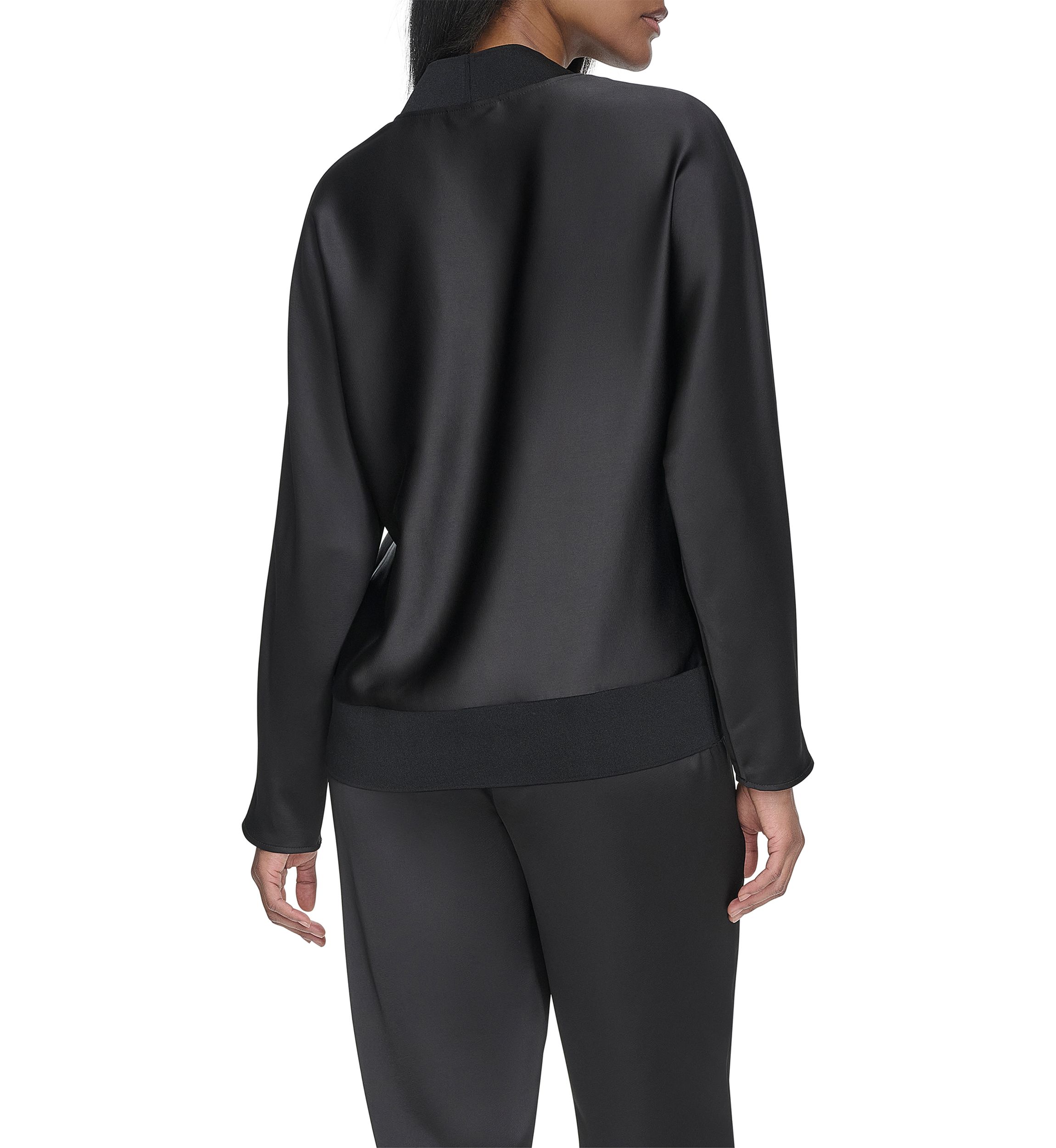 Long Sleeve V-Neck Ribbed Trim Satin Top 
