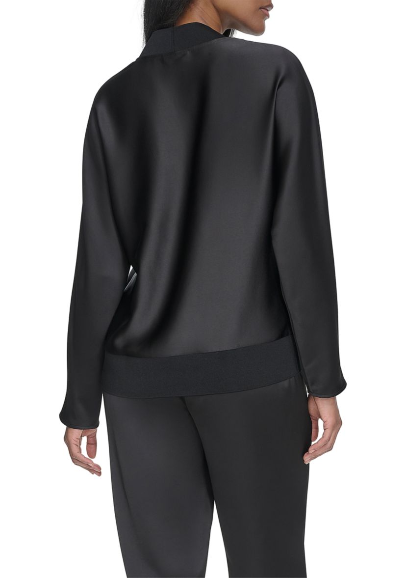 Long Sleeve V-Neck Ribbed Trim Satin Top 