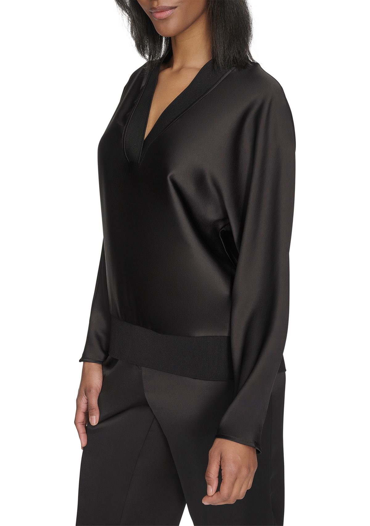 Long Sleeve V-Neck Ribbed Trim Satin Top 