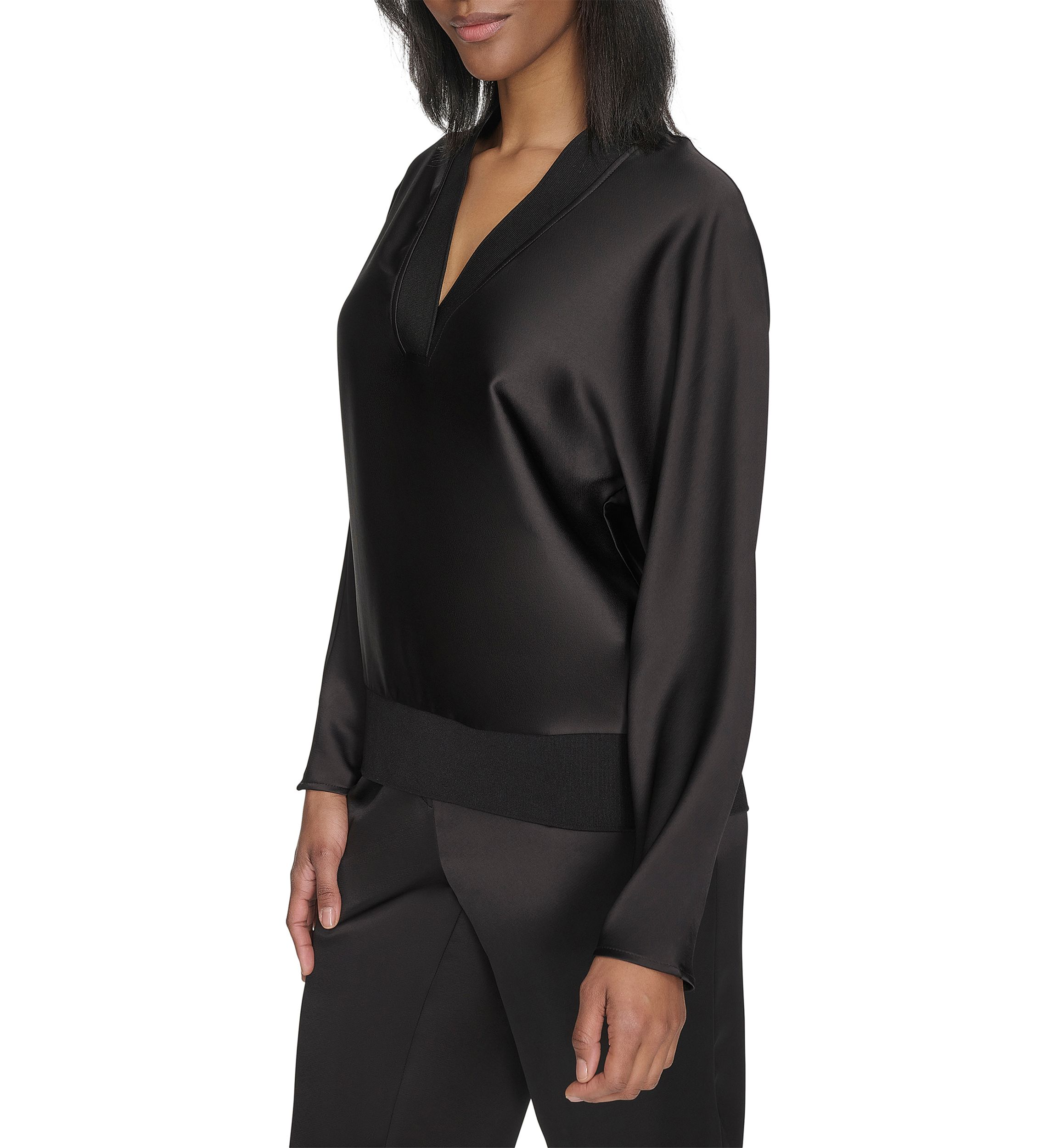 Long Sleeve V-Neck Ribbed Trim Satin Top 