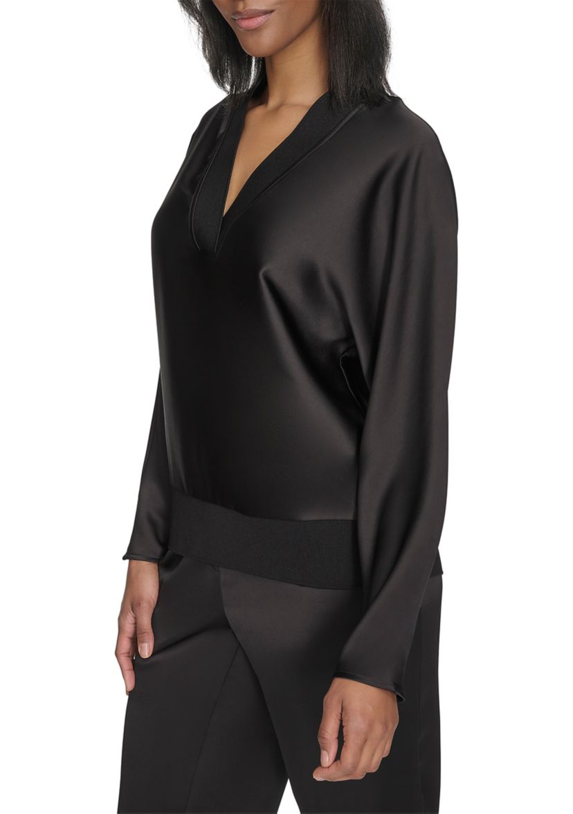 Long Sleeve V-Neck Ribbed Trim Satin Top 