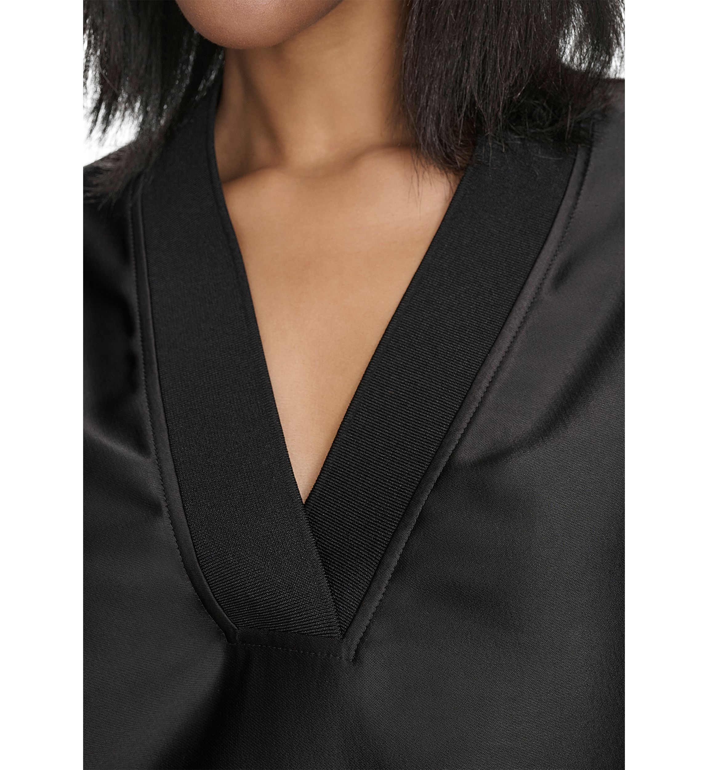 Long Sleeve V-Neck Ribbed Trim Satin Top 