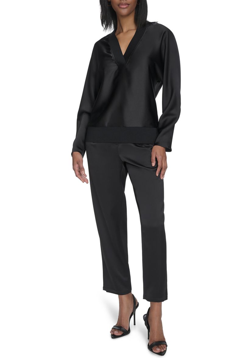 Long Sleeve V-Neck Ribbed Trim Satin Top 