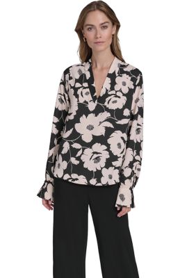 Halston Women's Long Sleeve Floral V-Neck Blouse, XS