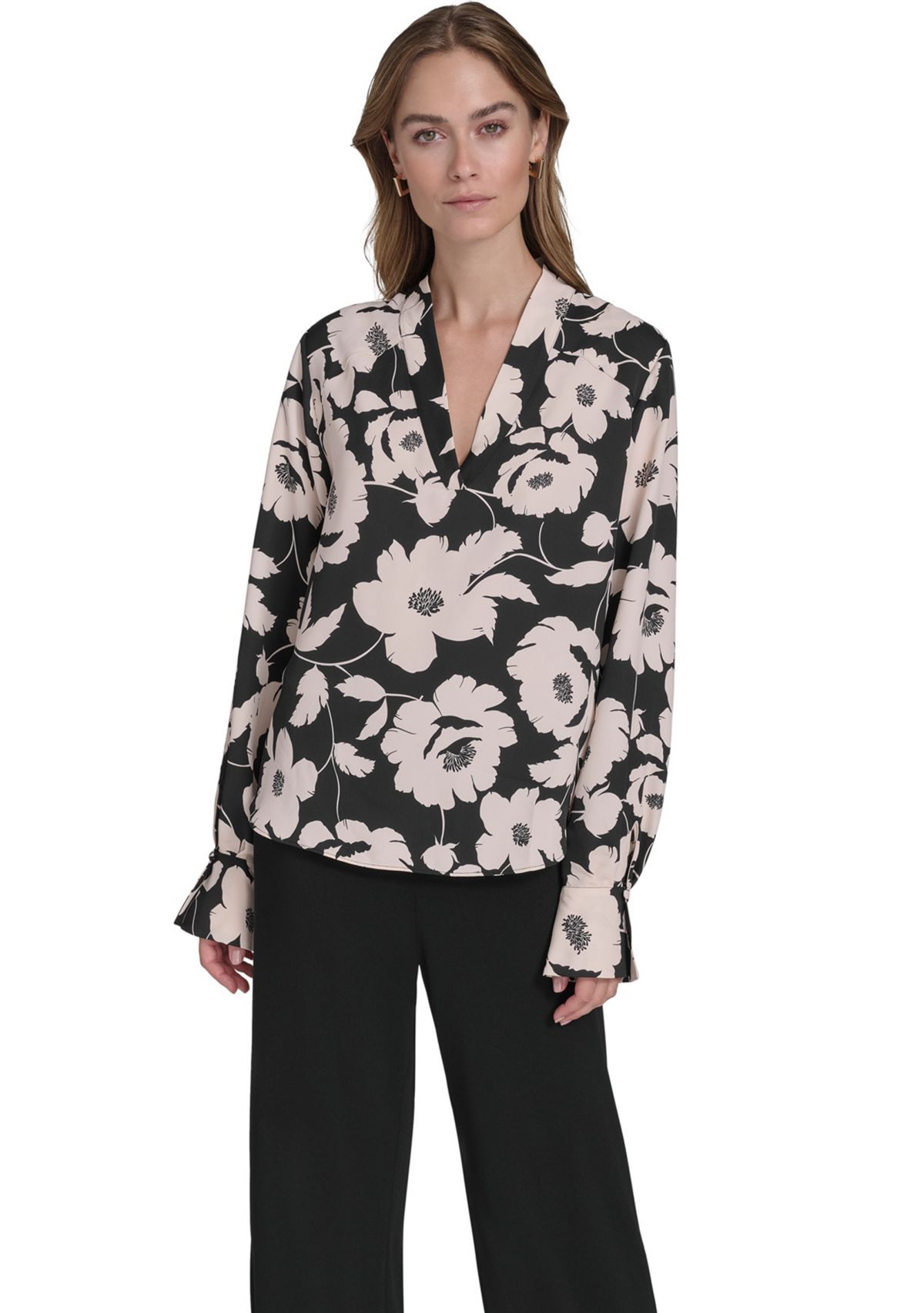 Womens Long Sleeve Floral V-Neck Blouse
