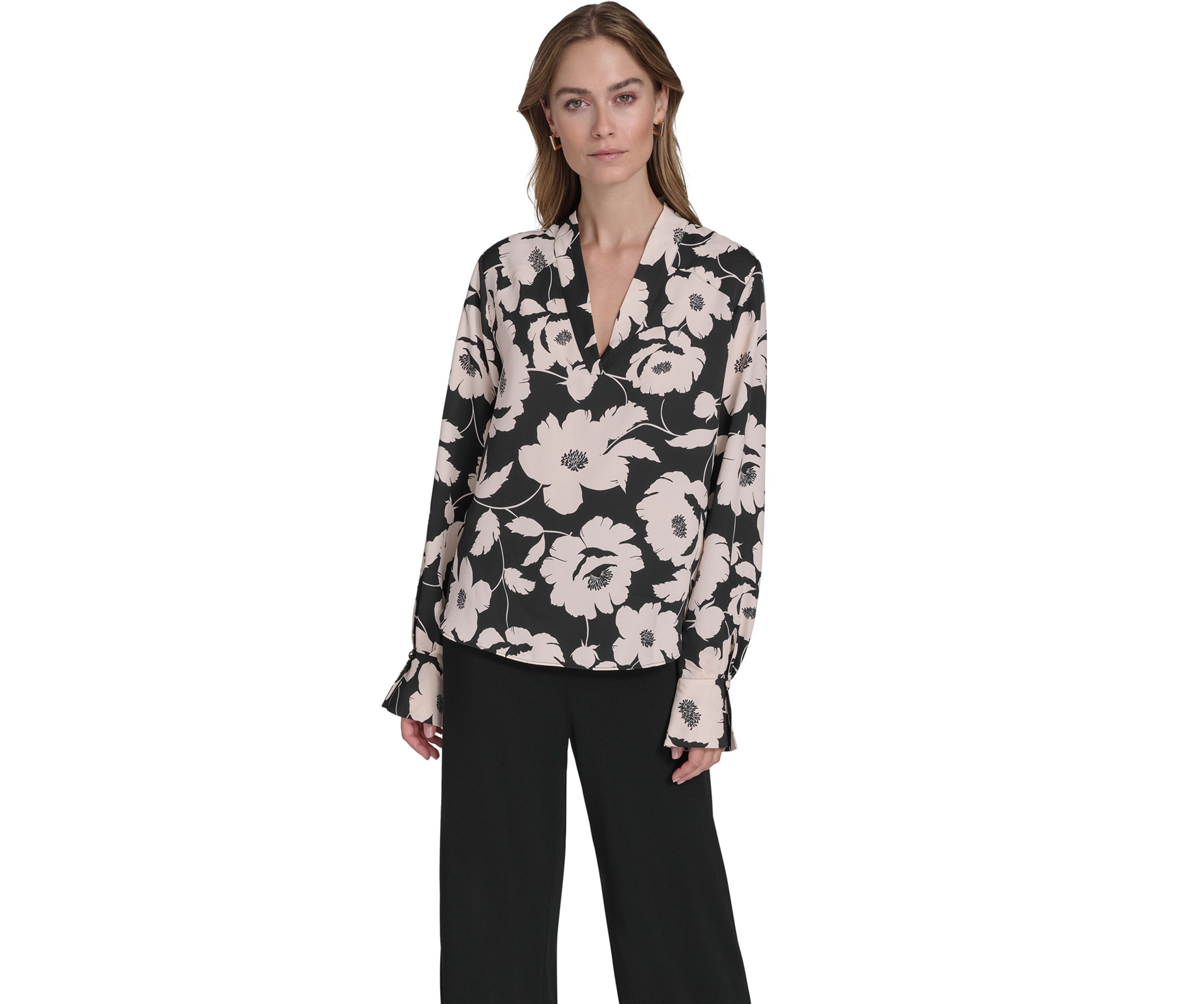 Womens Long Sleeve Floral V-Neck Blouse