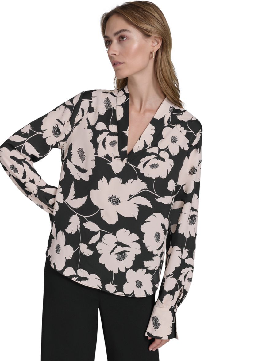 Womens Long Sleeve Floral V-Neck Blouse