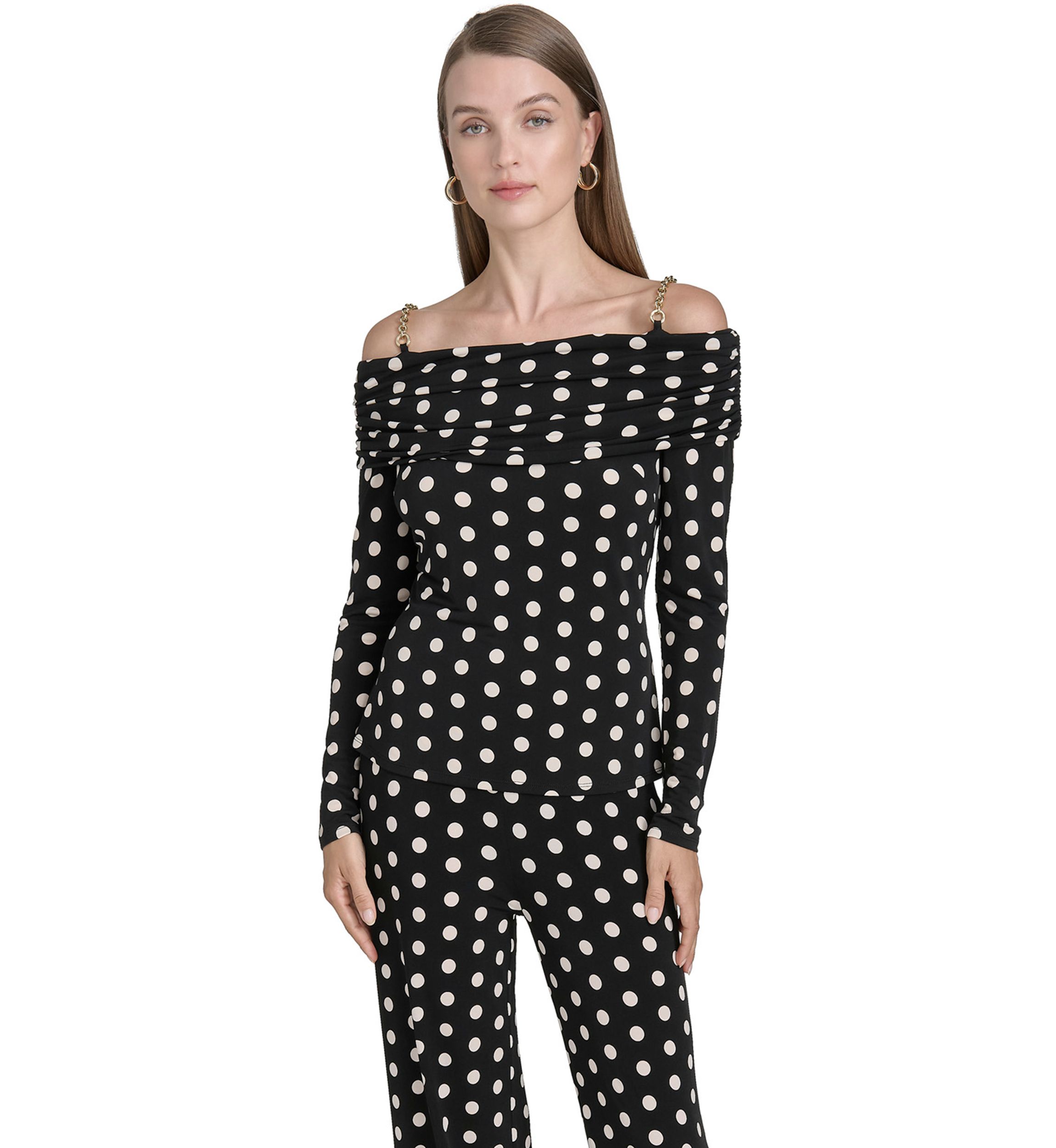 Womens Off the Shoulder Long Sleeve Dot Print Knit Top