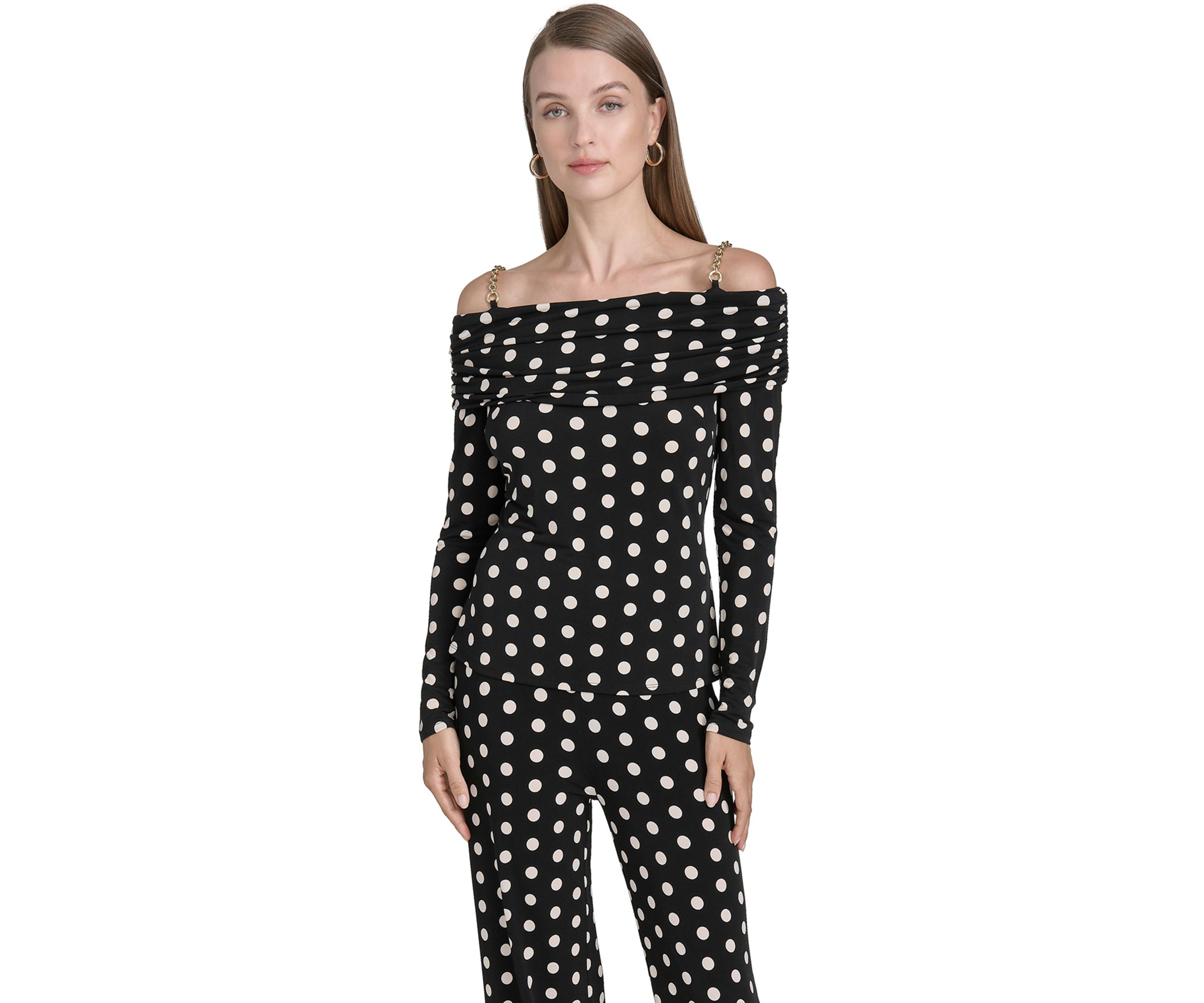 Womens Off the Shoulder Long Sleeve Dot Print Knit Top