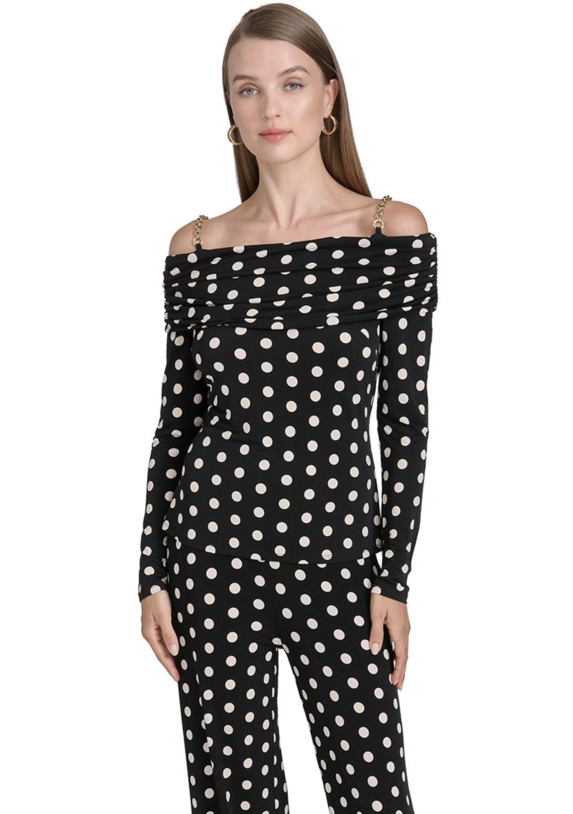 Womens Off the Shoulder Long Sleeve Dot Print Knit Top