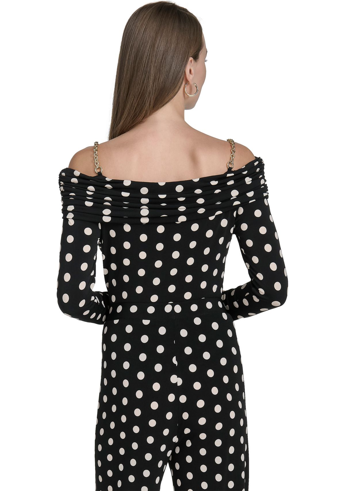 Womens Off the Shoulder Long Sleeve Dot Print Knit Top