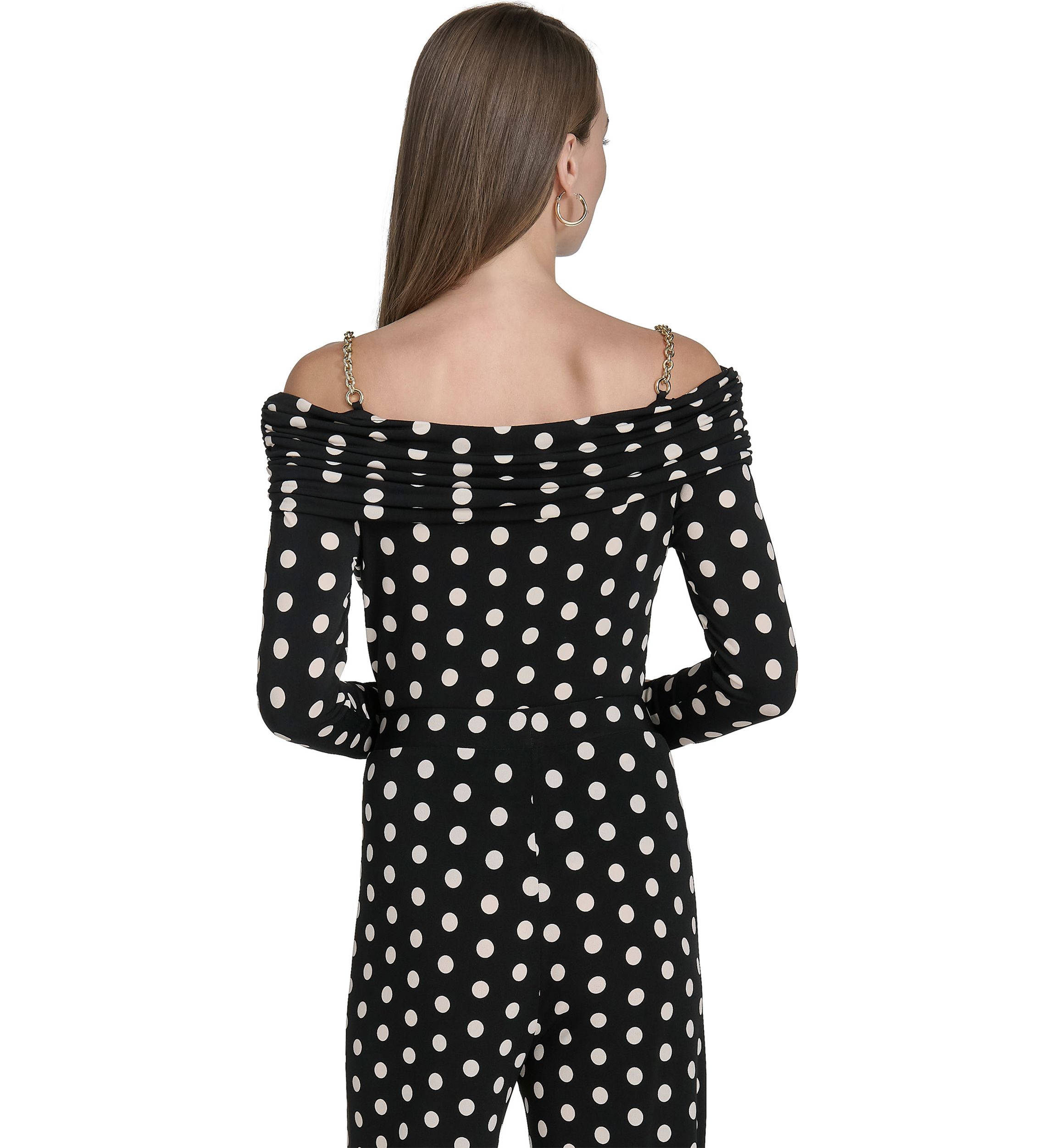 Womens Off the Shoulder Long Sleeve Dot Print Knit Top