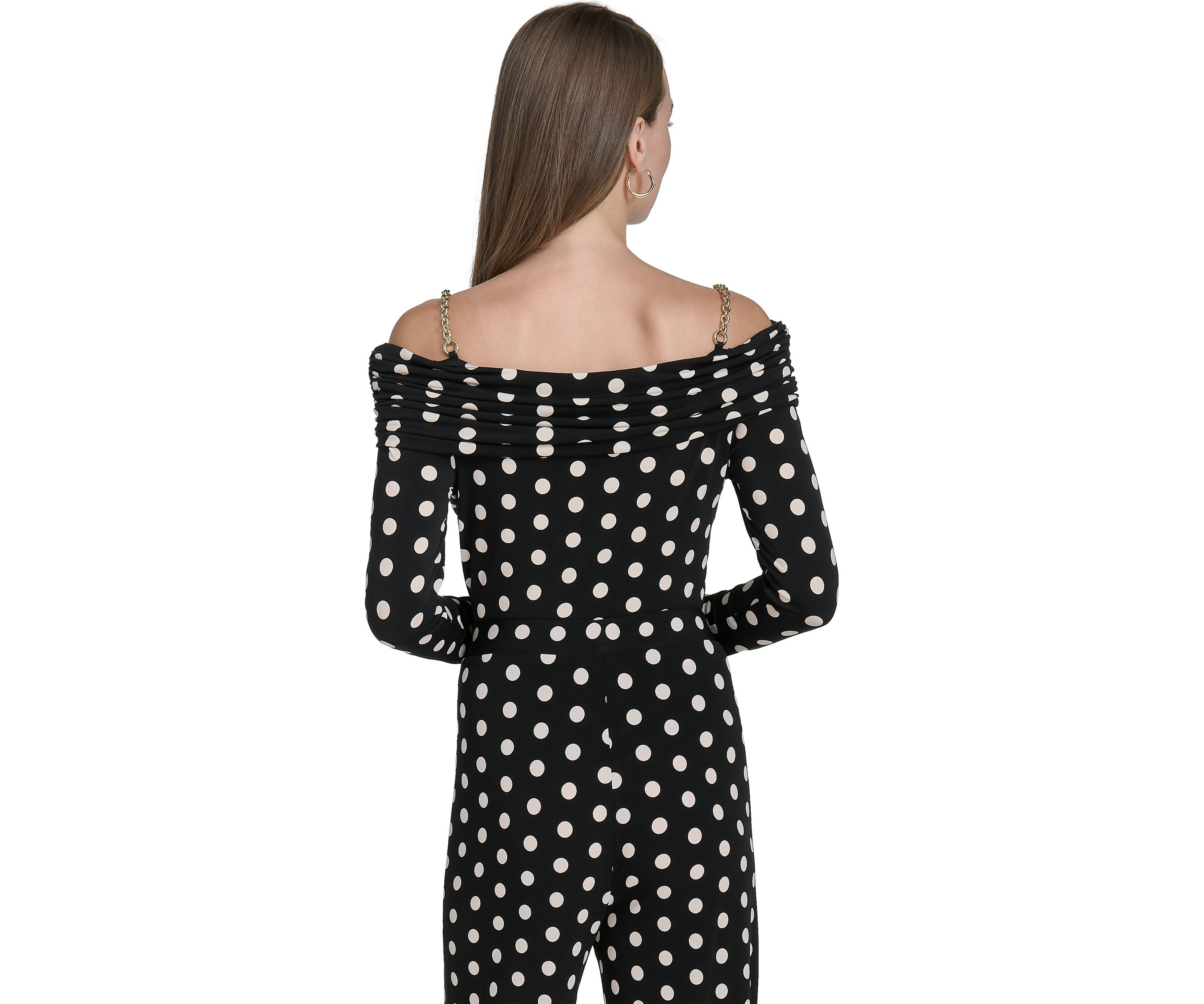 Womens Off the Shoulder Long Sleeve Dot Print Knit Top