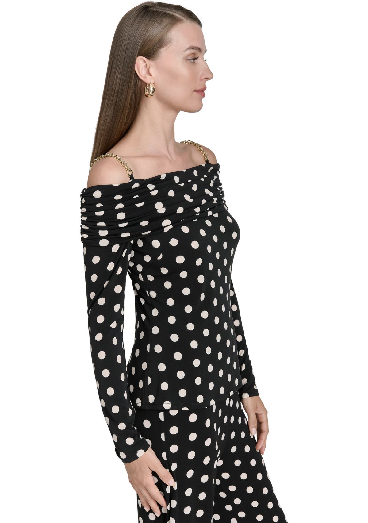 Womens Off the Shoulder Long Sleeve Dot Print Knit Top