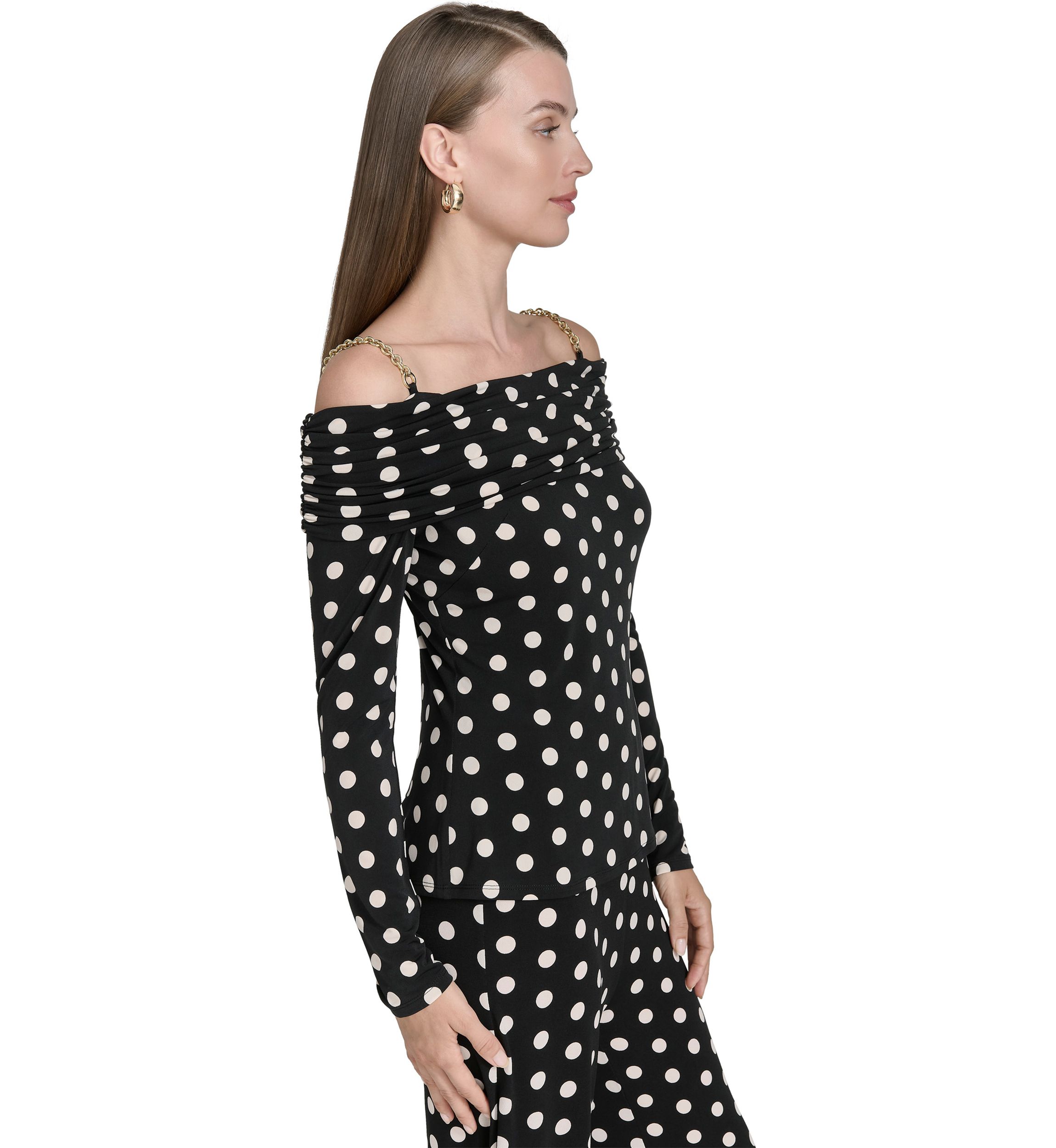 Womens Off the Shoulder Long Sleeve Dot Print Knit Top