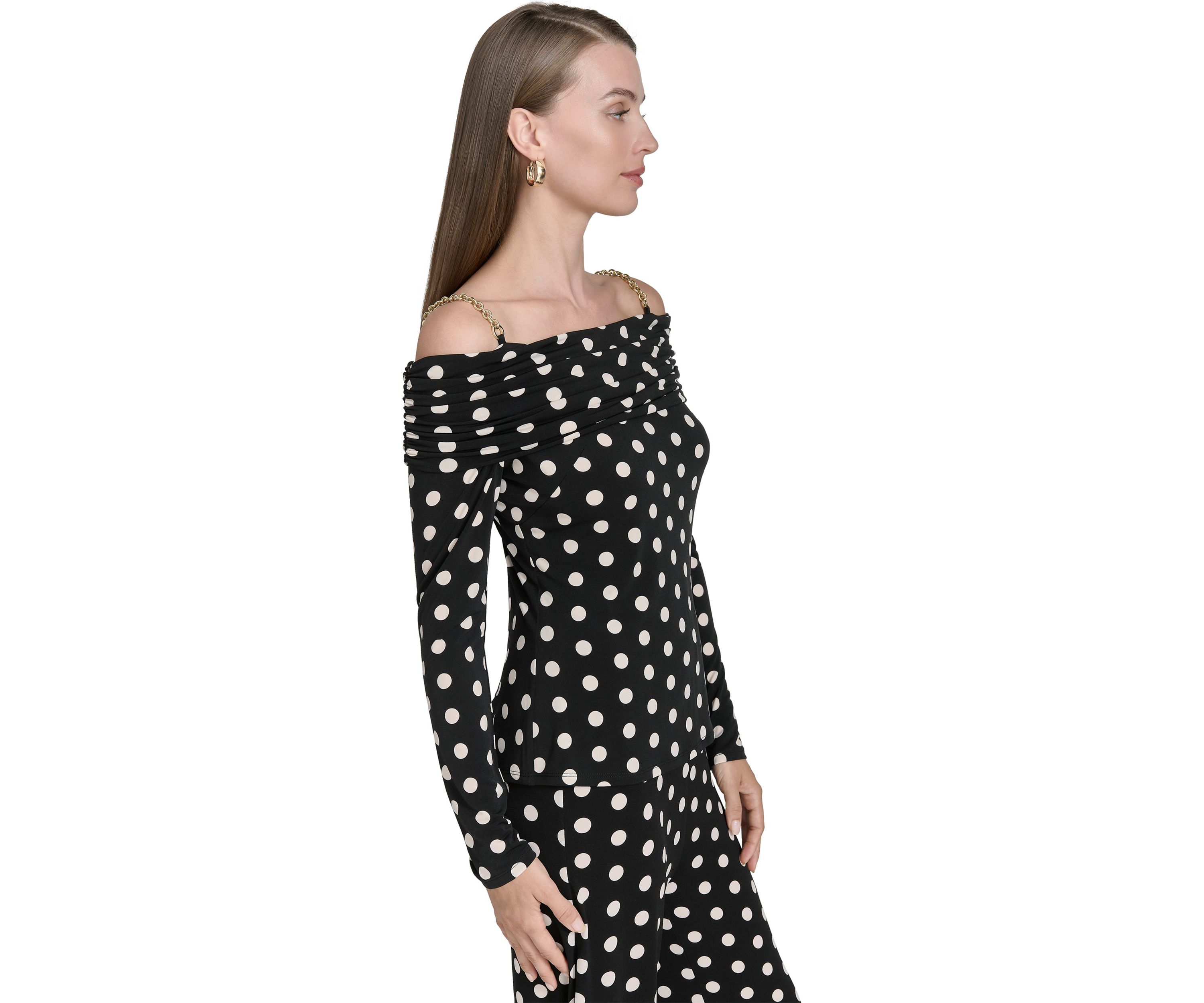 Womens Off the Shoulder Long Sleeve Dot Print Knit Top