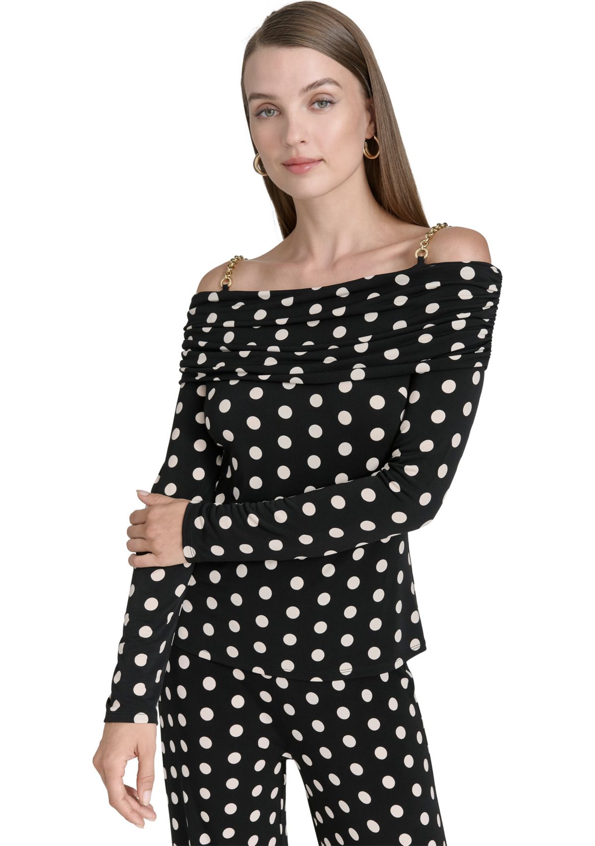 Womens Off the Shoulder Long Sleeve Dot Print Knit Top