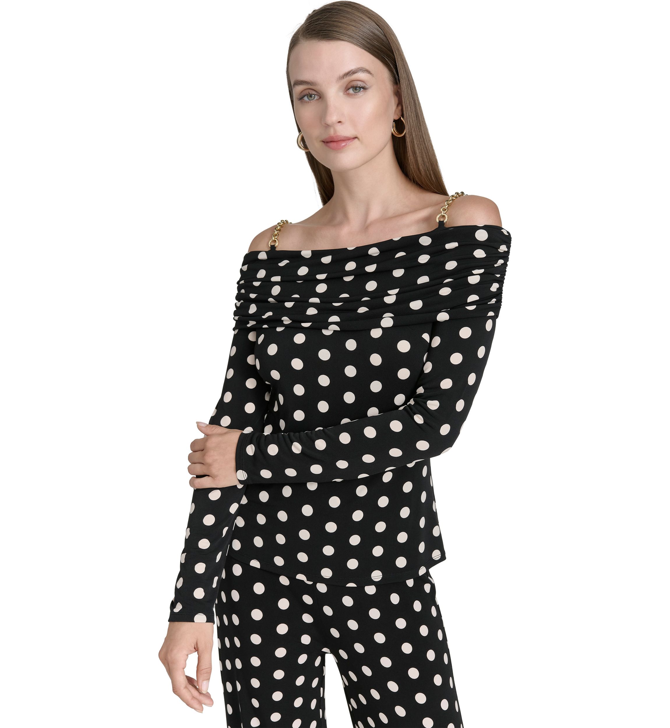 Womens Off the Shoulder Long Sleeve Dot Print Knit Top
