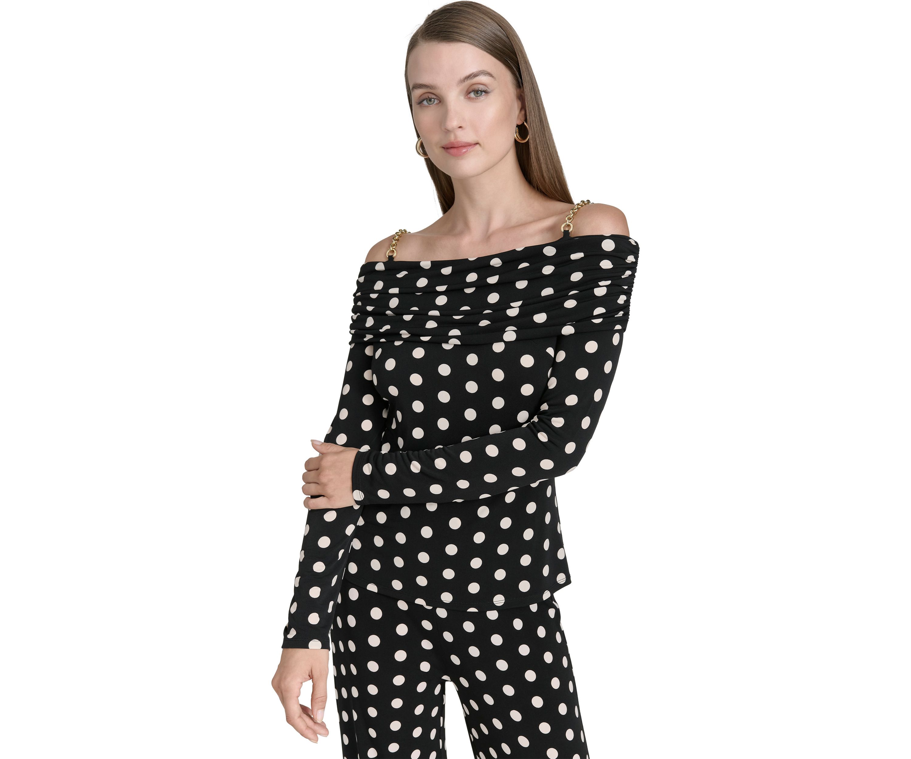Womens Off the Shoulder Long Sleeve Dot Print Knit Top