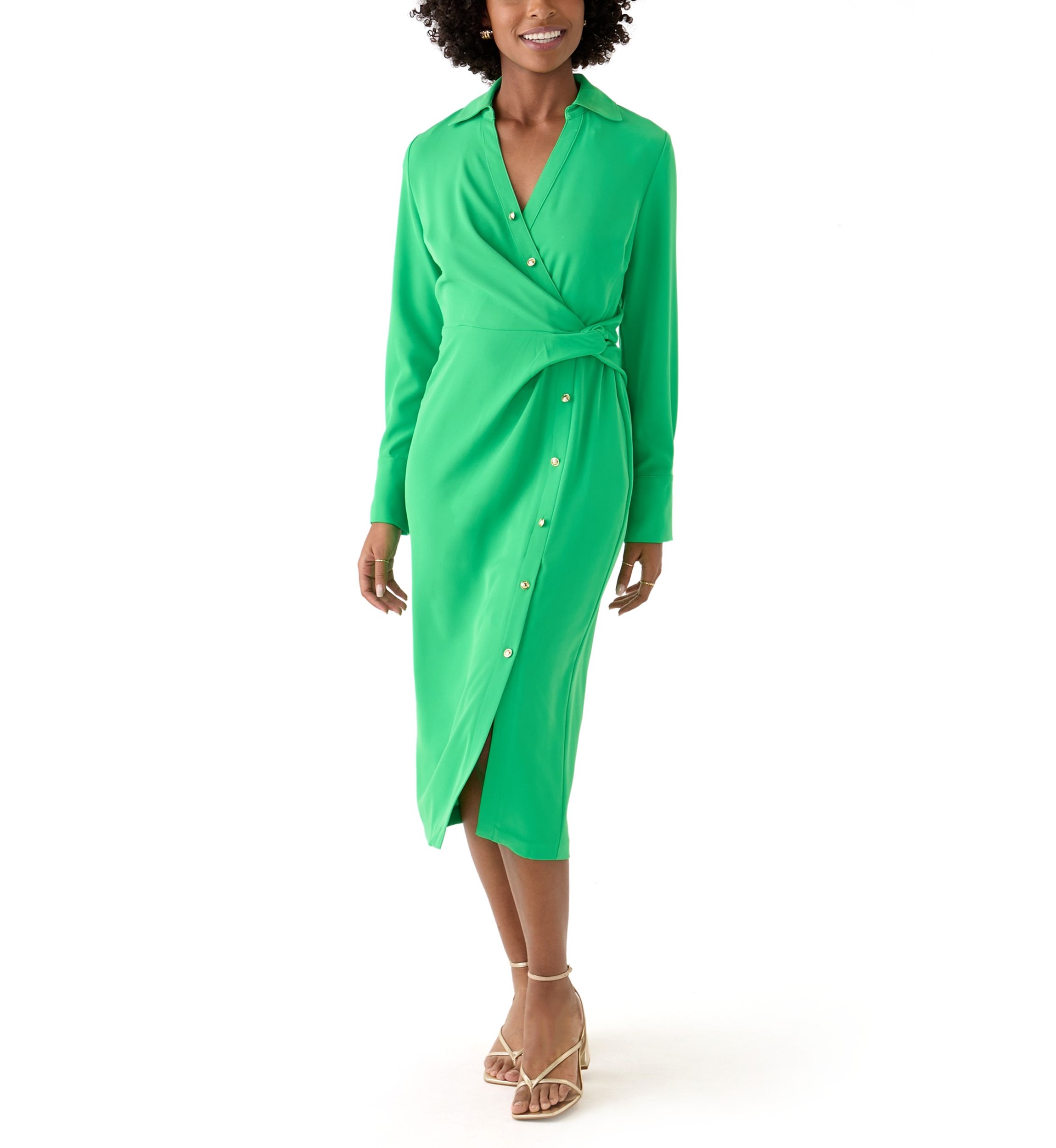 Womens Long Sleeve Button Trim Collar Knit Dress