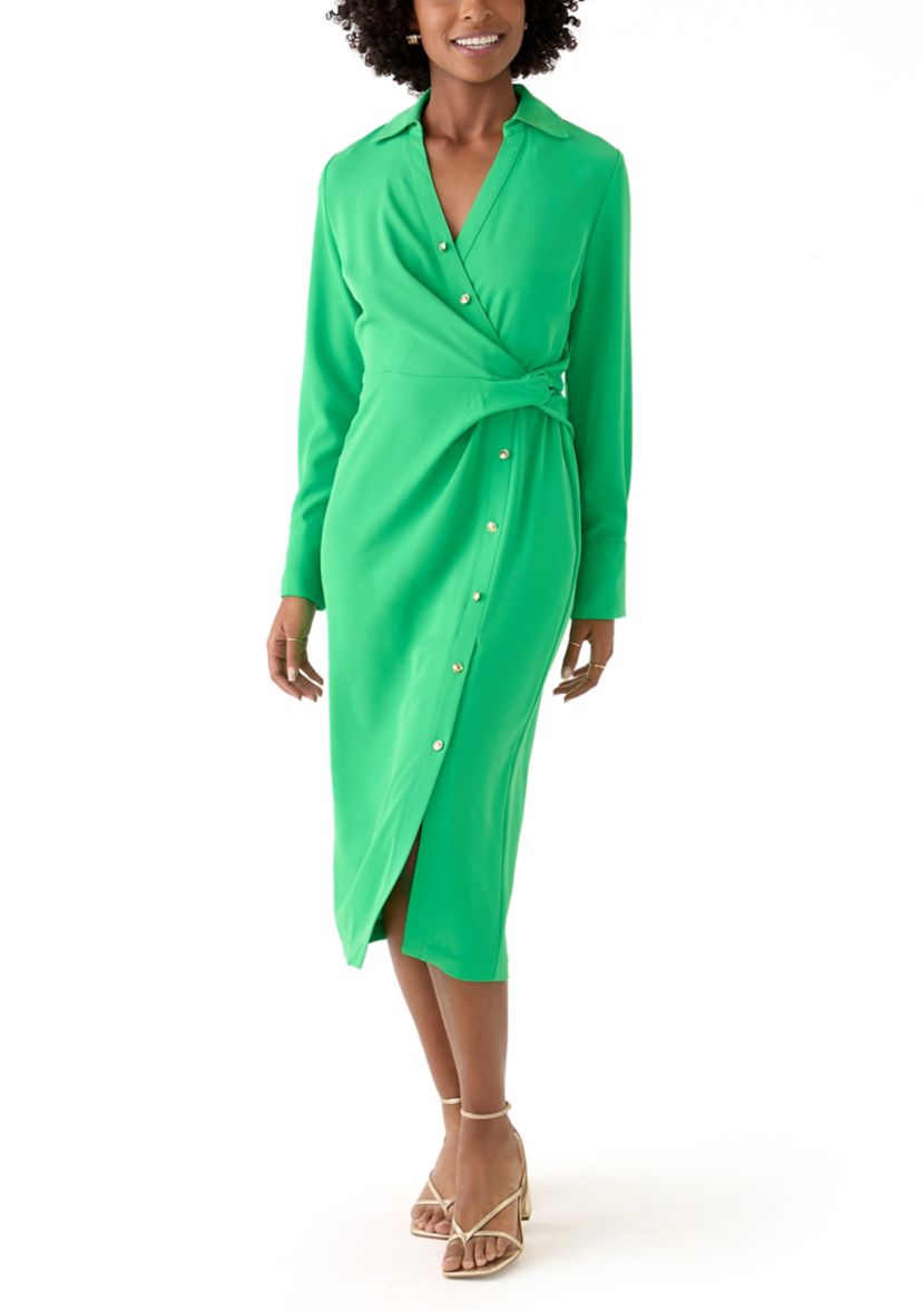Womens Long Sleeve Button Trim Collar Knit Dress