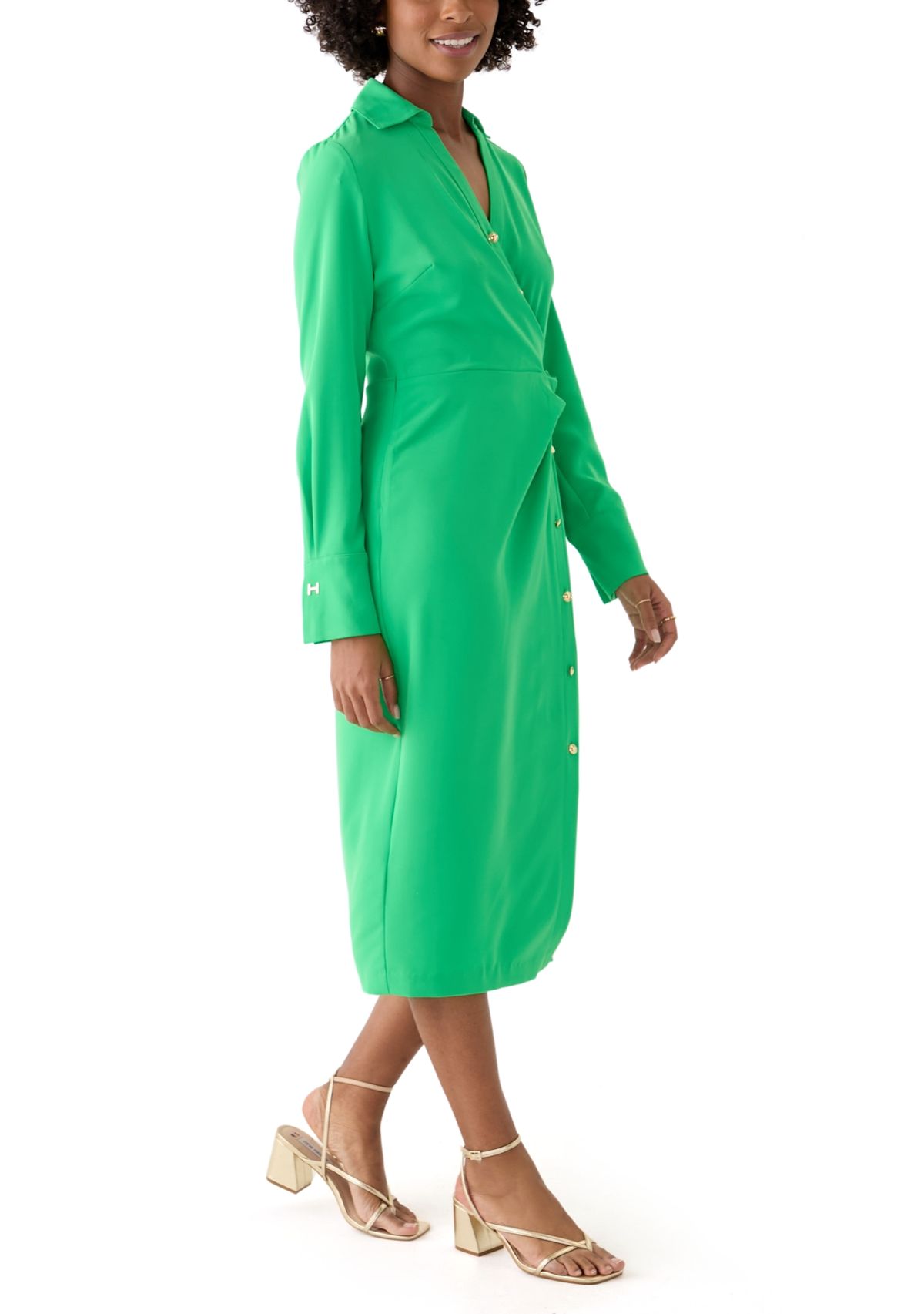 Womens Long Sleeve Button Trim Collar Knit Dress