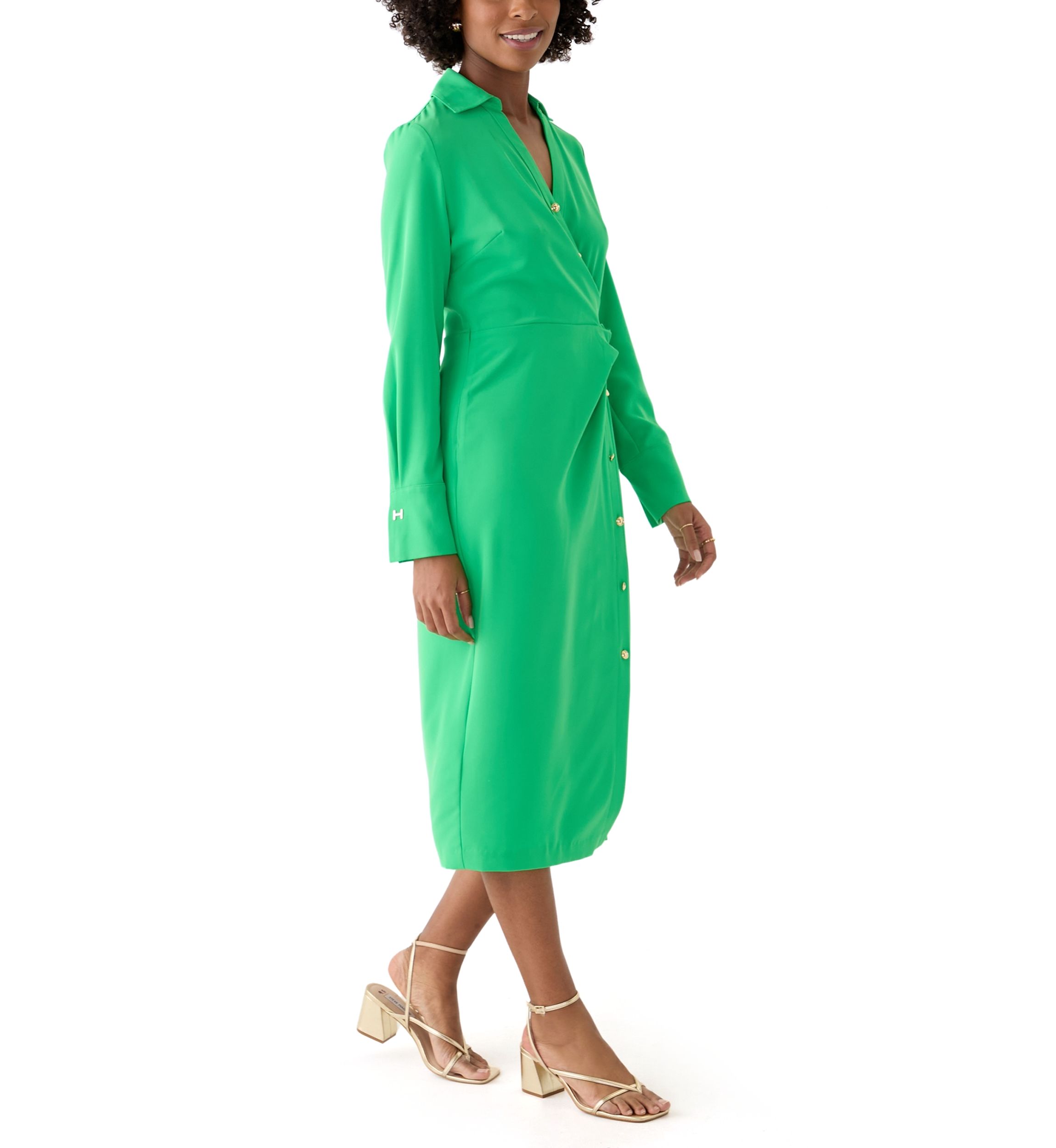 Womens Long Sleeve Button Trim Collar Knit Dress