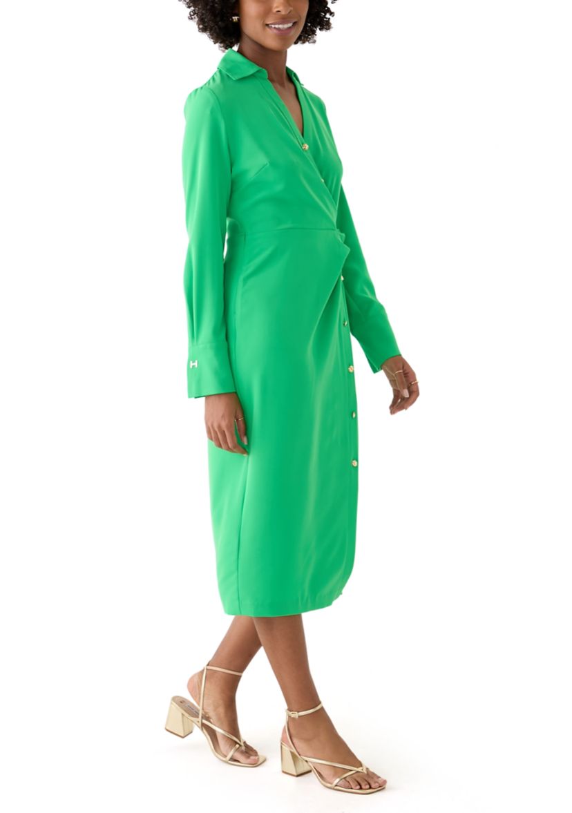 Womens Long Sleeve Button Trim Collar Knit Dress