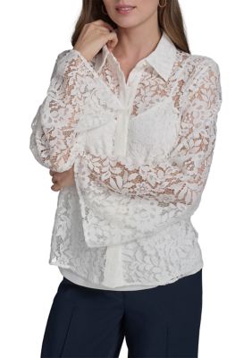 Halston Women's Long Sleeve Flare Button Front Lace Blouse, Small