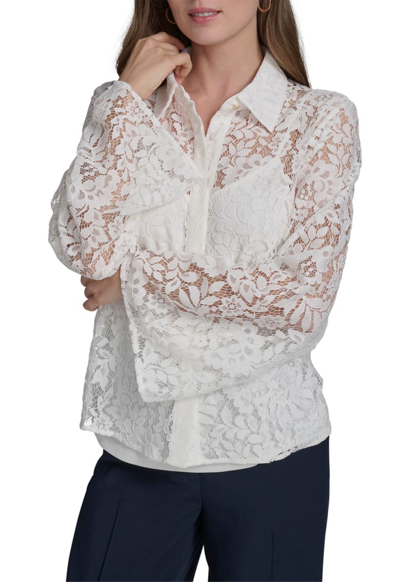 Womens Long Sleeve Flare Button Front Lace Blouse 