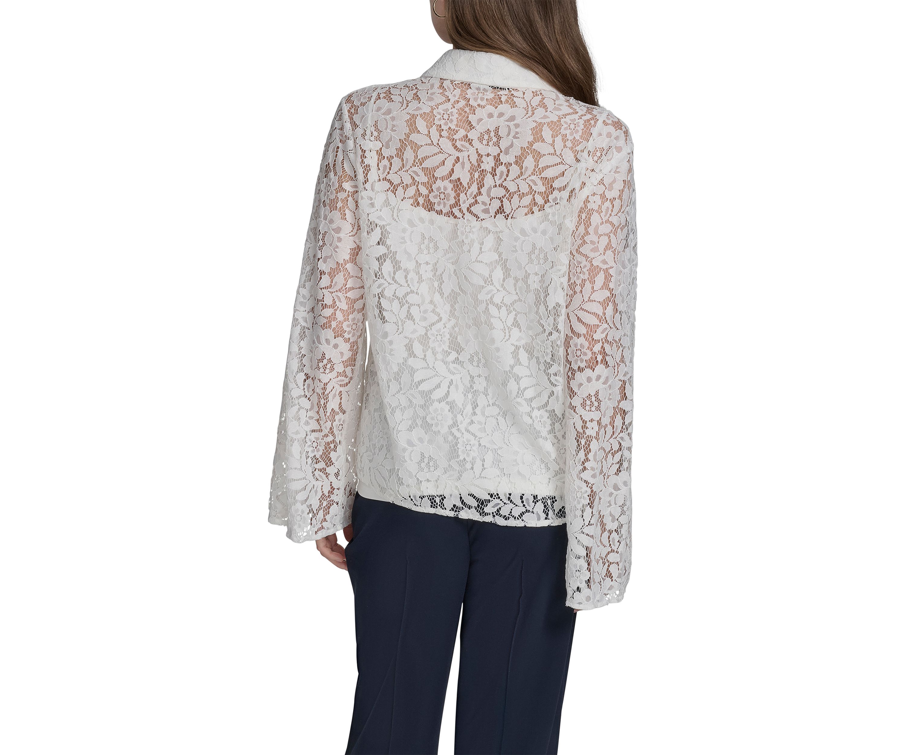Womens Long Sleeve Flare Button Front Lace Blouse 